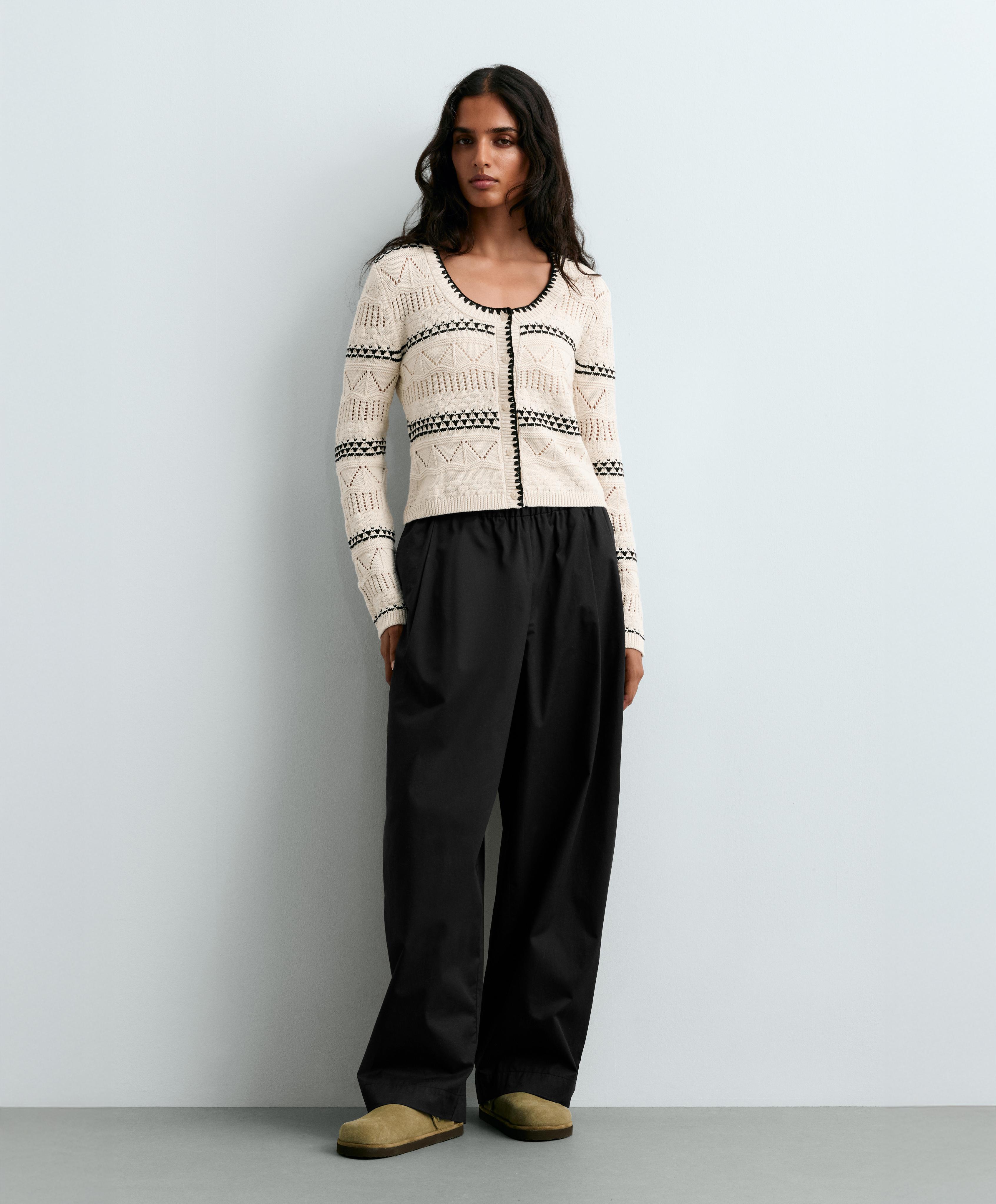 100% cotton contrast open-knit cardigan — PALE ECRU