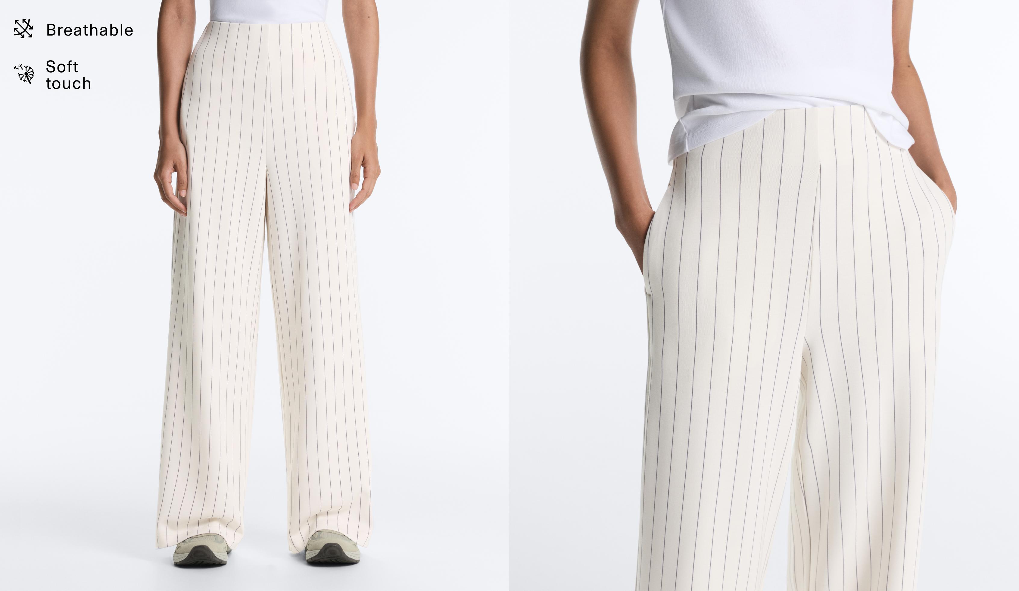 Soft touch pinstripe wide leg high rise trousers — ECRU