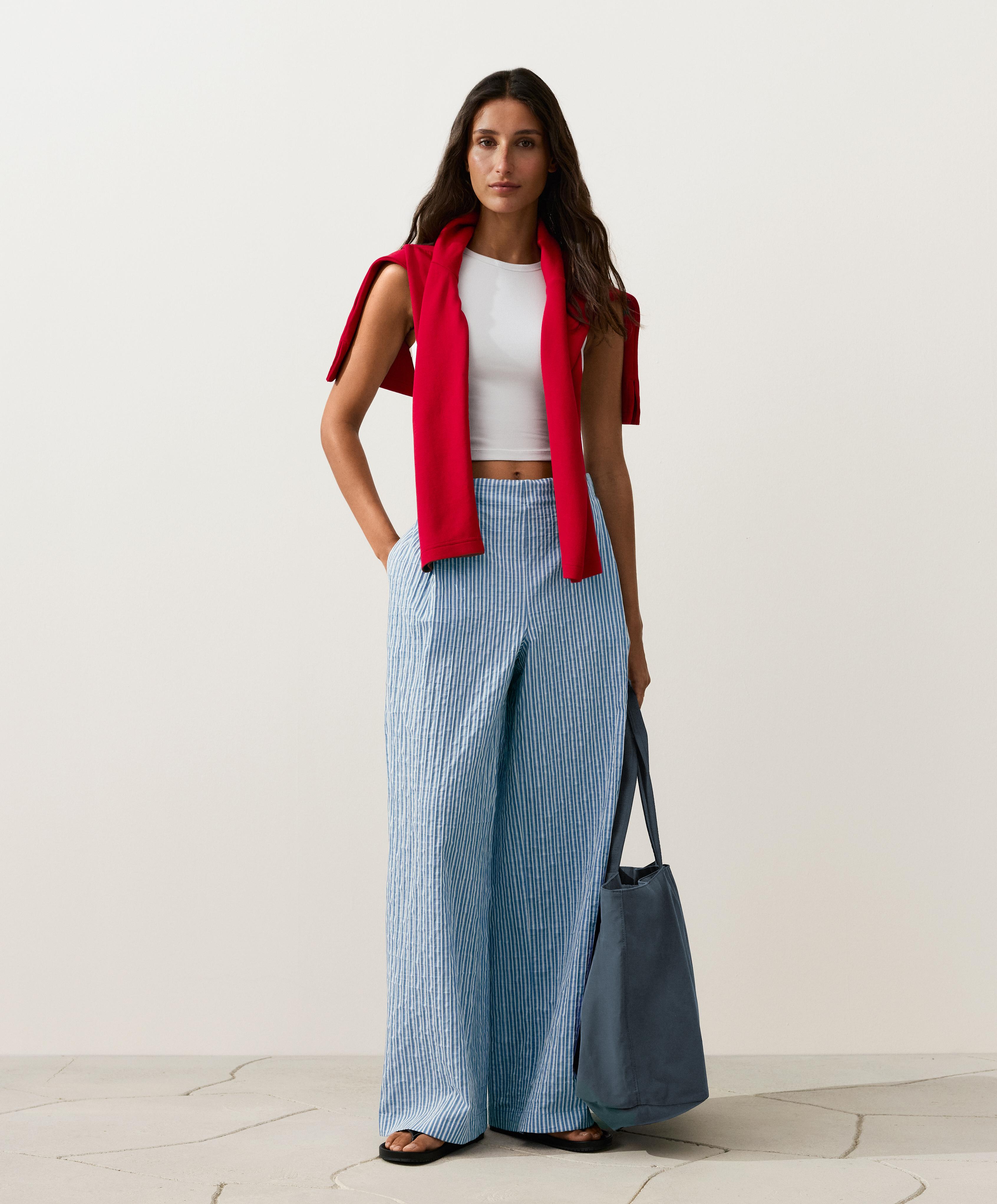 Cotton blend striped straight-leg trousers — MID-BLUE