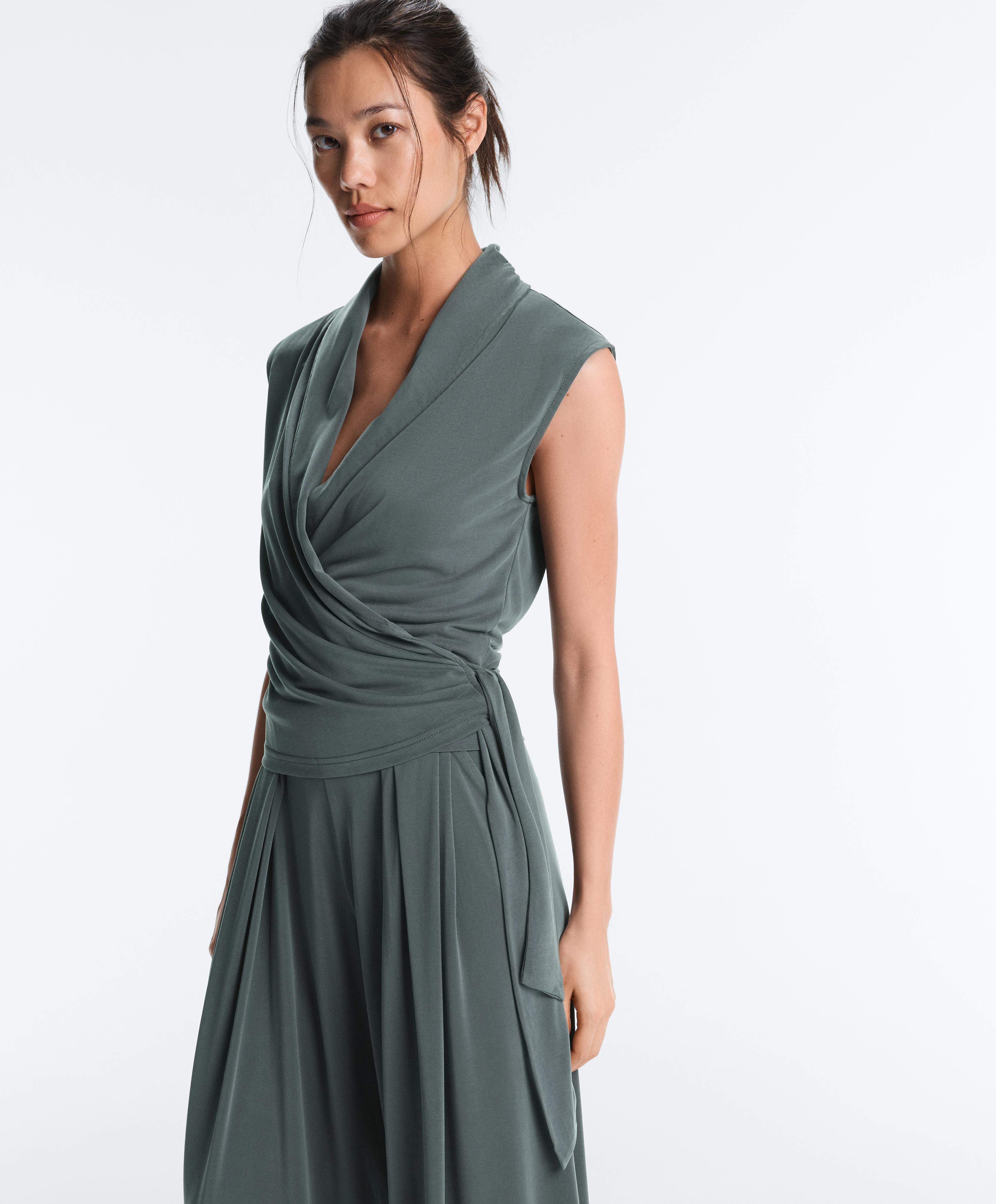 Modal blend sleeveless crossover T-shirt — STEEL GREY