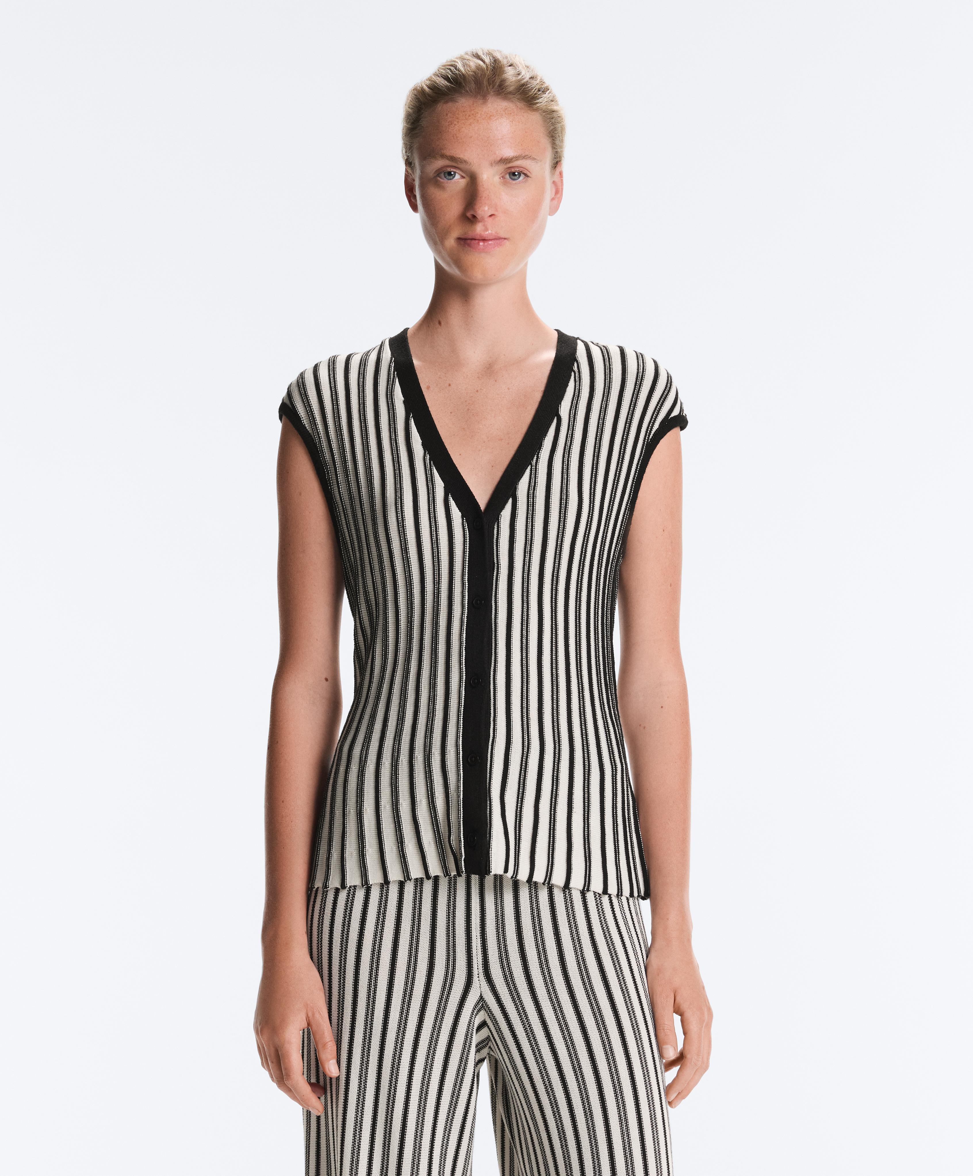 Striped sleeveless V-neck knit jumper — BLACK