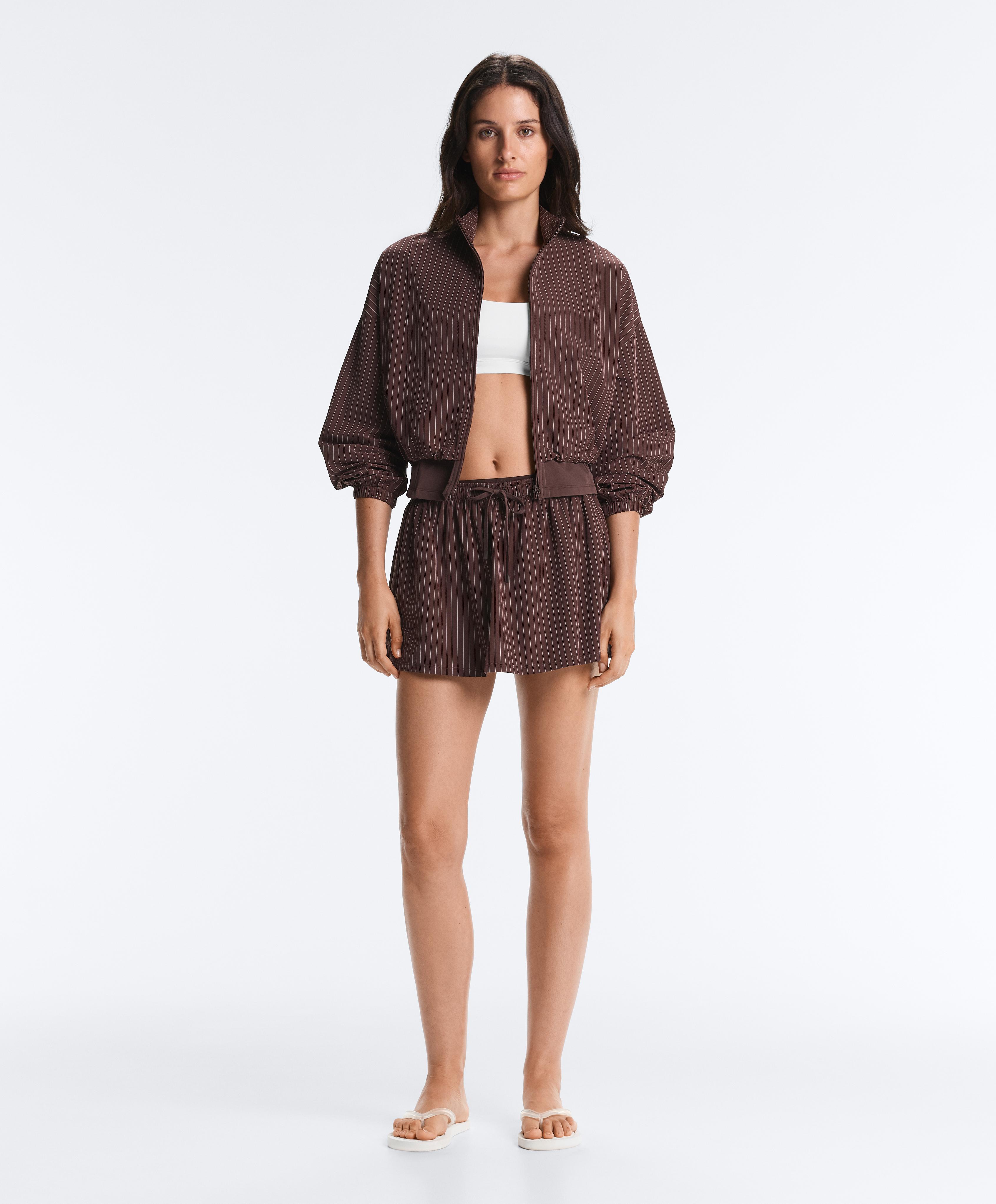 Pinstripe double-waist mini skirt — CHOCOLATE
