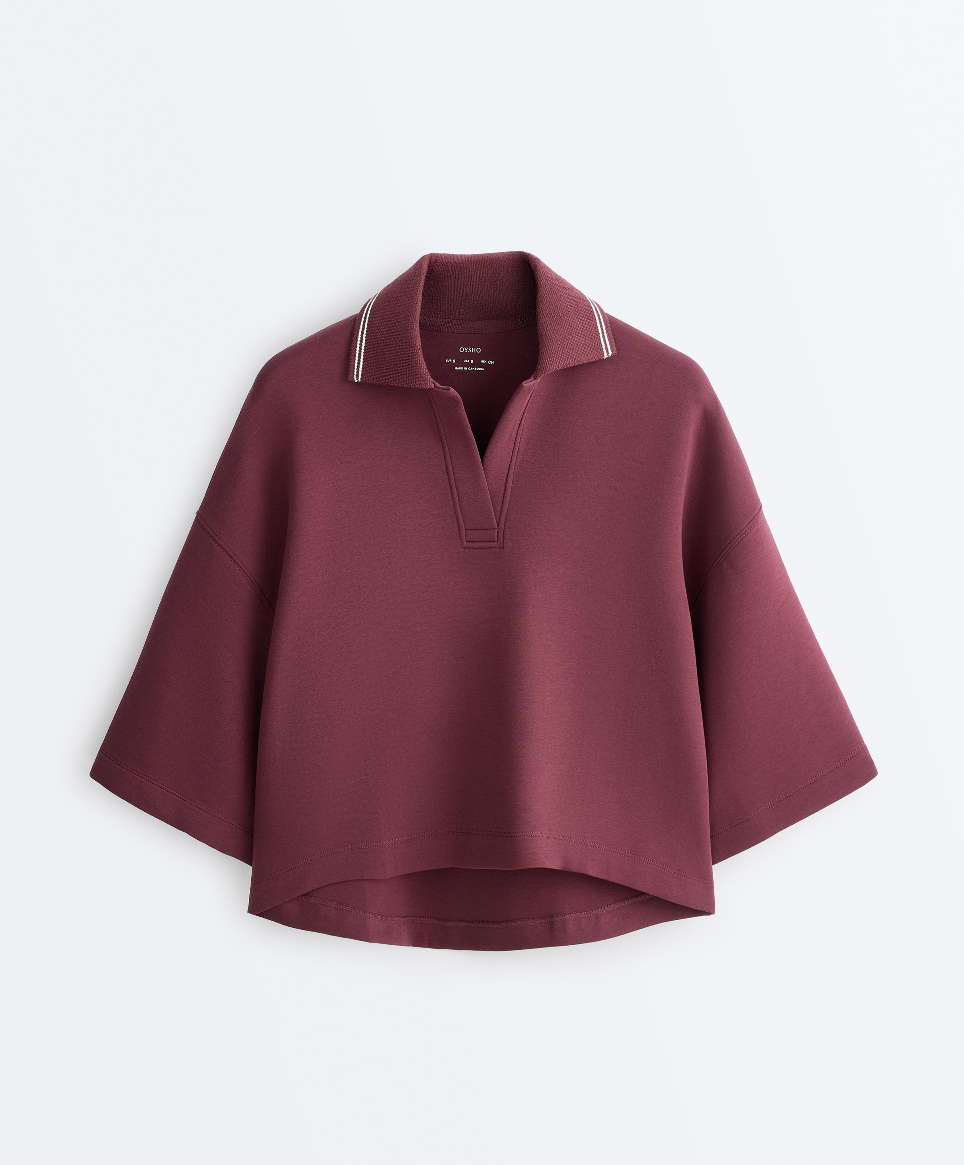 Cotton blend polo sweatshirt with wide sleeves — CHERRY