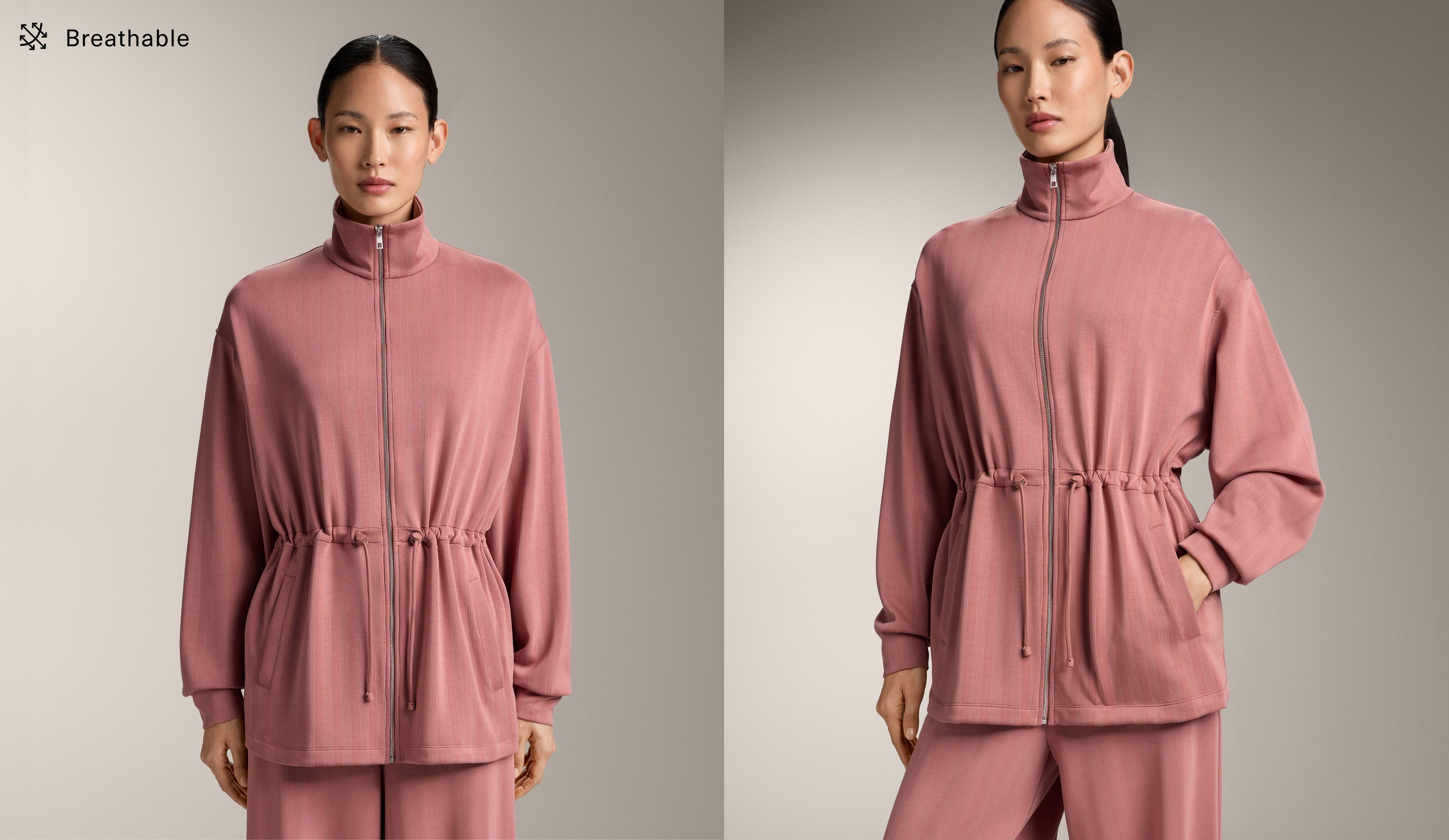 Long jacket with adjustable waist and striped texture — RUSSET MOCHA