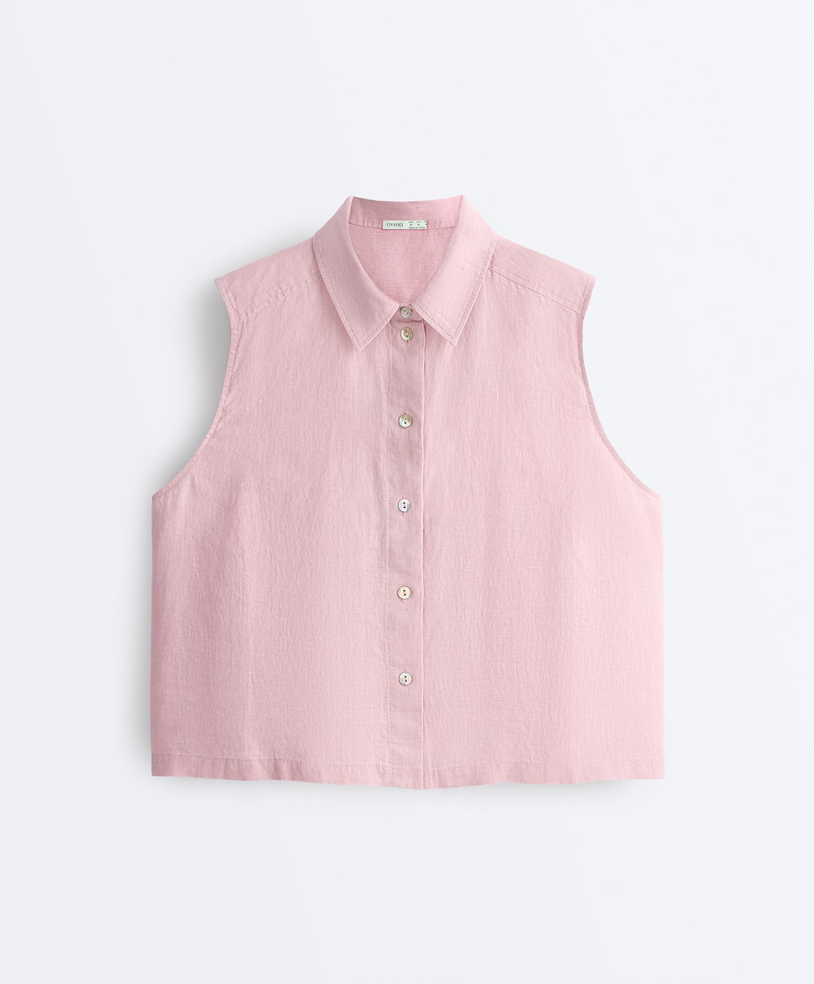 Sleeveless cropped 100% linen shirt — DUSTY PINK