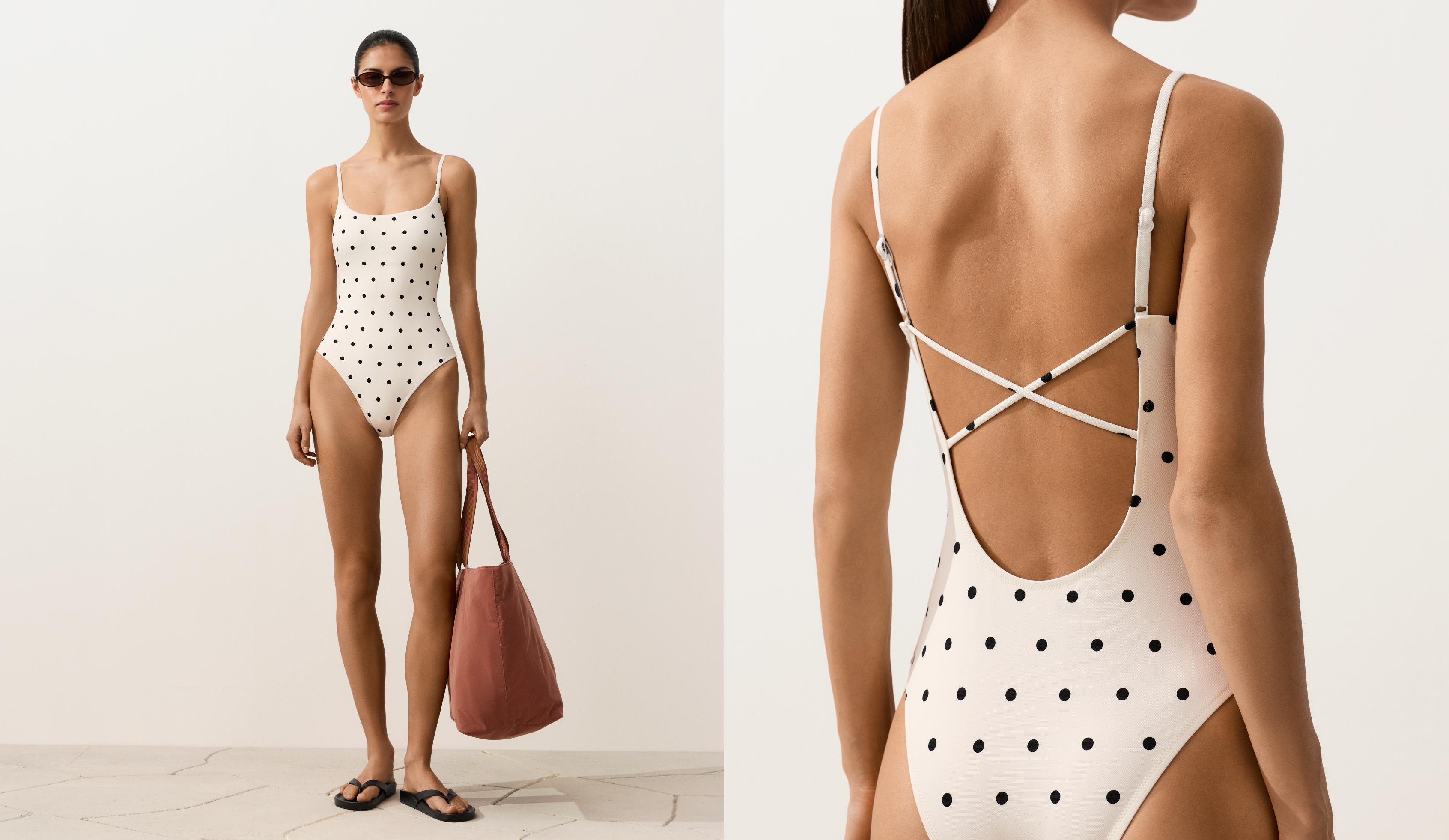 Piqué polka dot round neck swimsuit — PALE ECRU