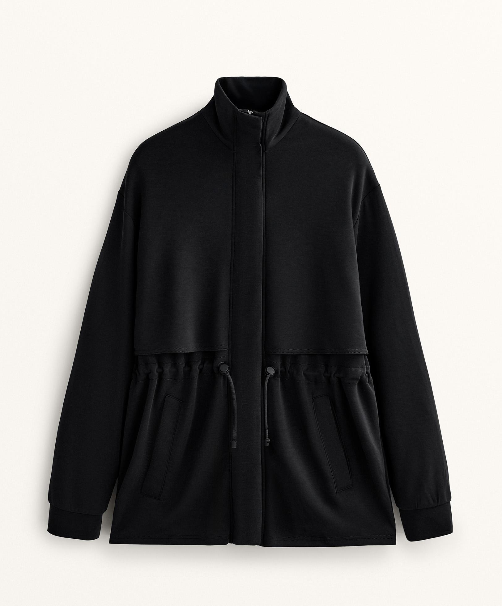 Long soft-touch jacket with modal and pockets — BLACK