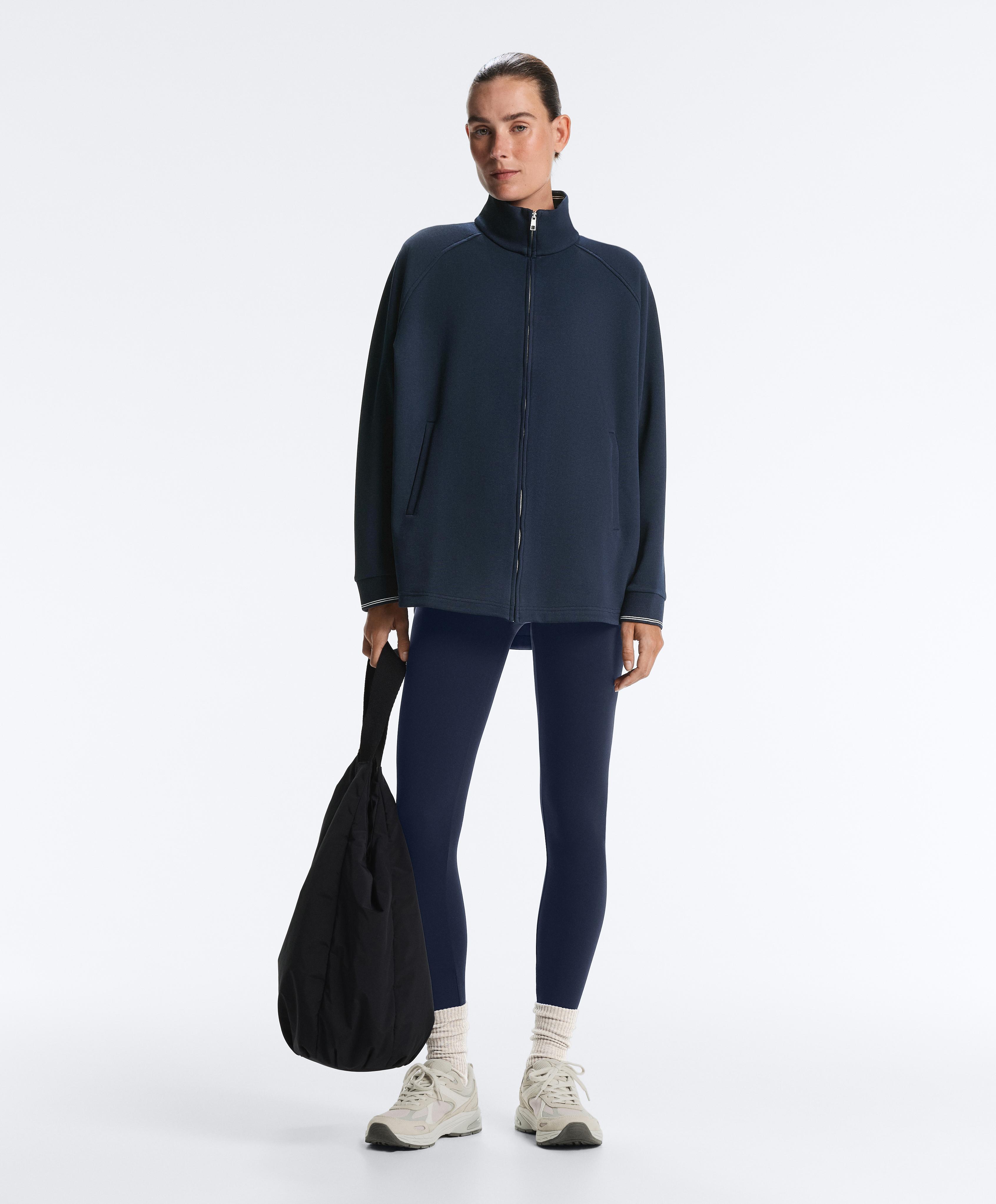 Long piqué jacket with contrast cotton piping — NAVY BLUE