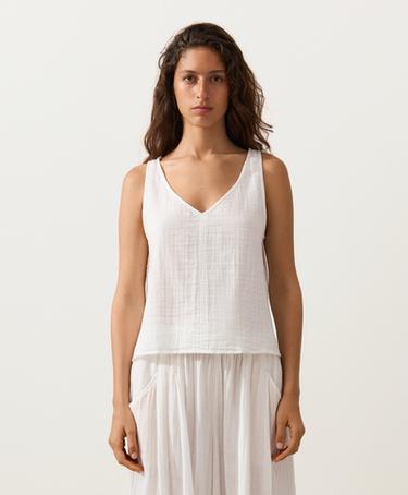 100% cotton gauze V-neck strappy top — WHITE  1