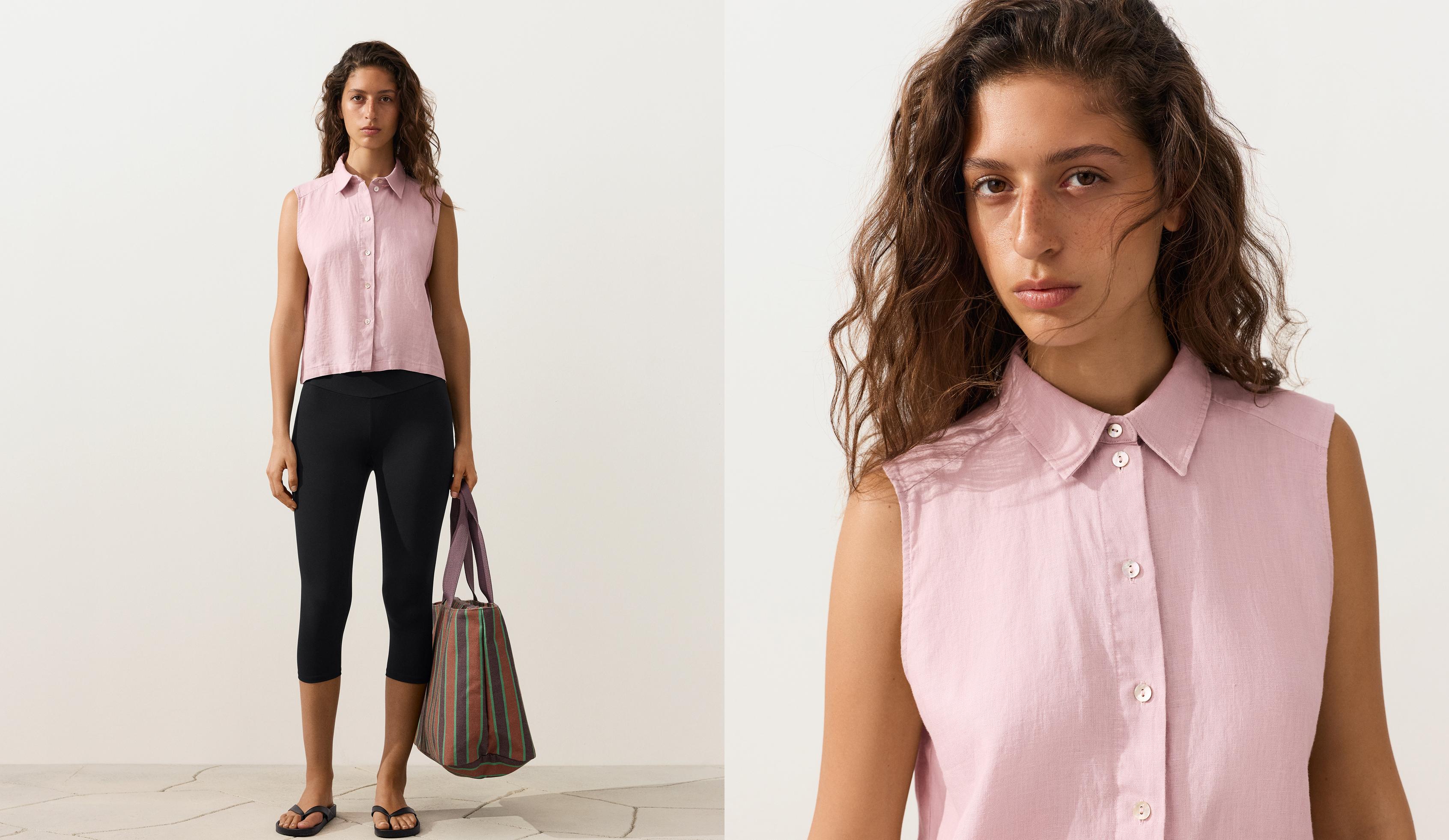 Sleeveless cropped 100% linen shirt — DUSTY PINK