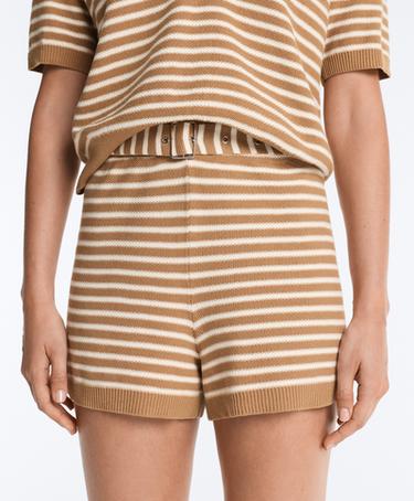 100% cotton striped knit shorts with belt — PALE ECRU 3
