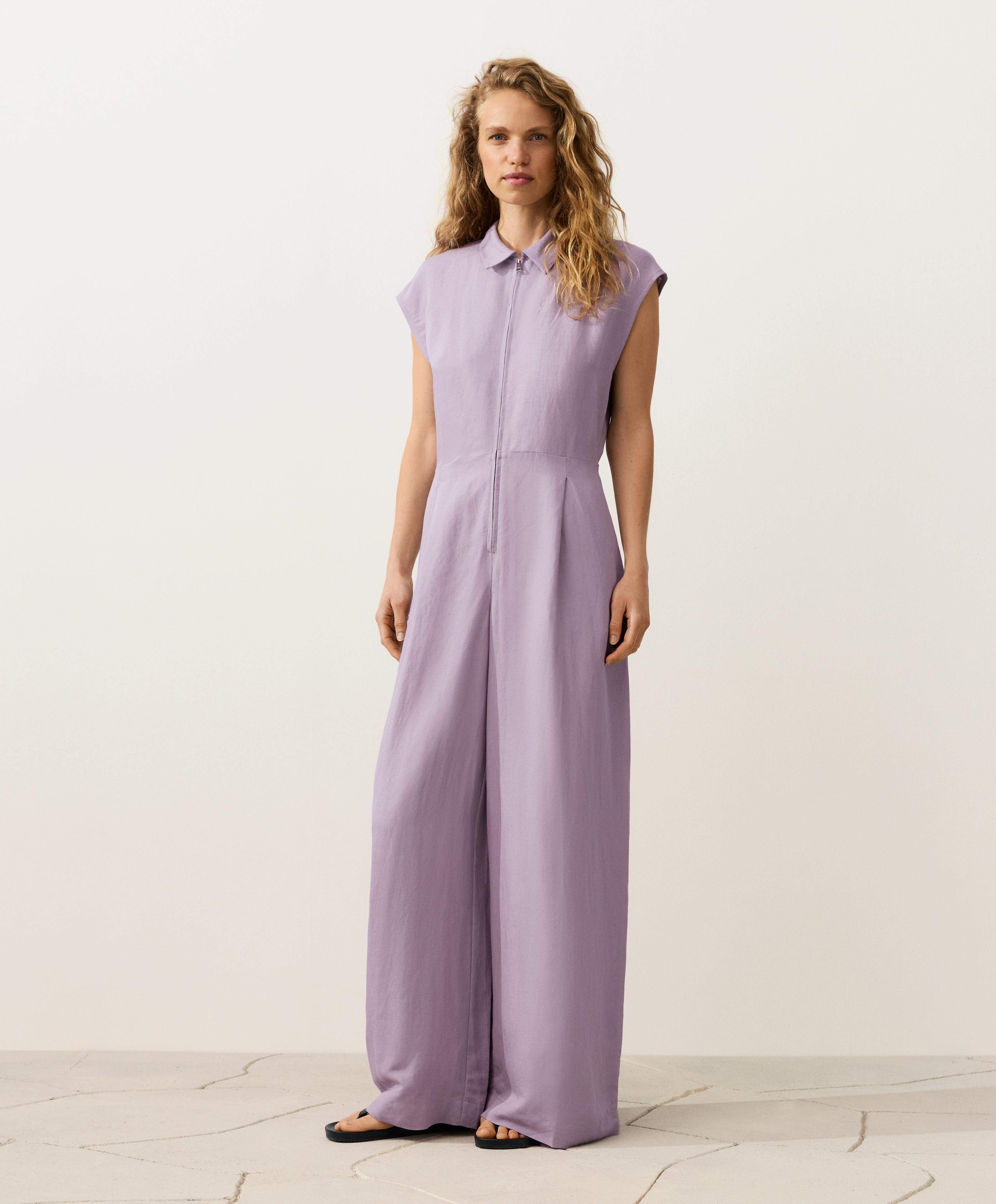 Linen long jumpsuit with lapel collar — LILAC