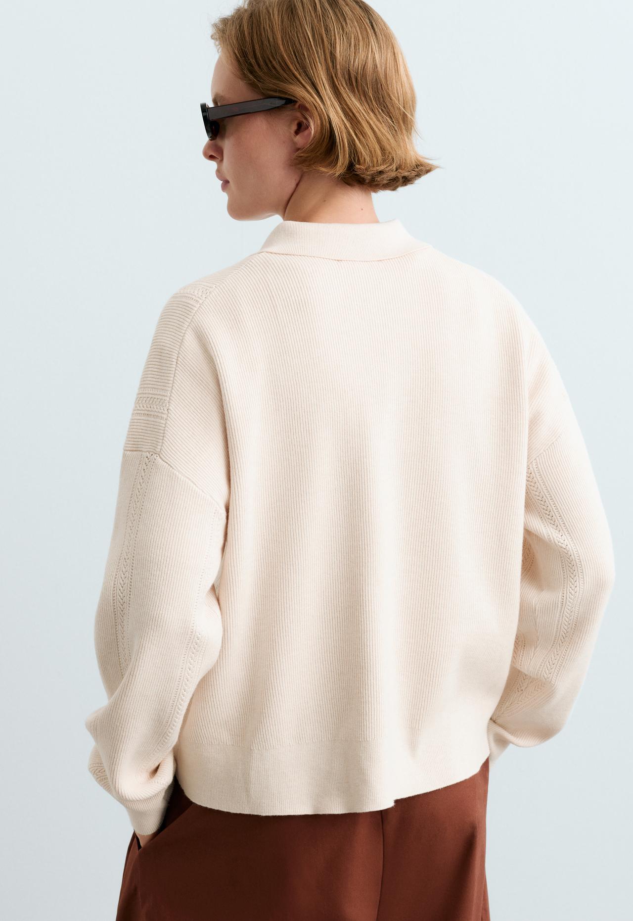 Long-sleeved open-knit polo shirt — ECRU