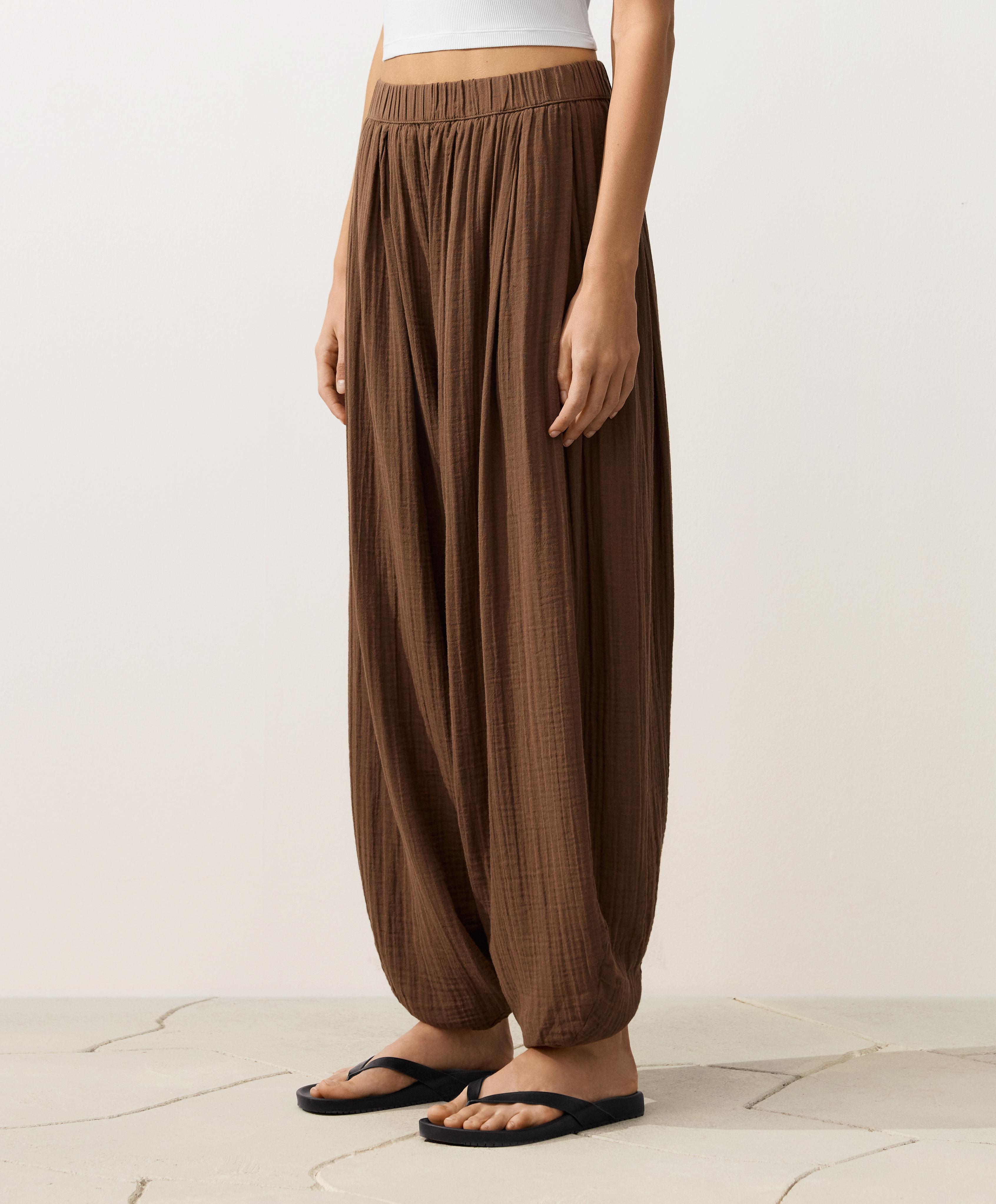 100% cotton muslin balloon trousers — TAN