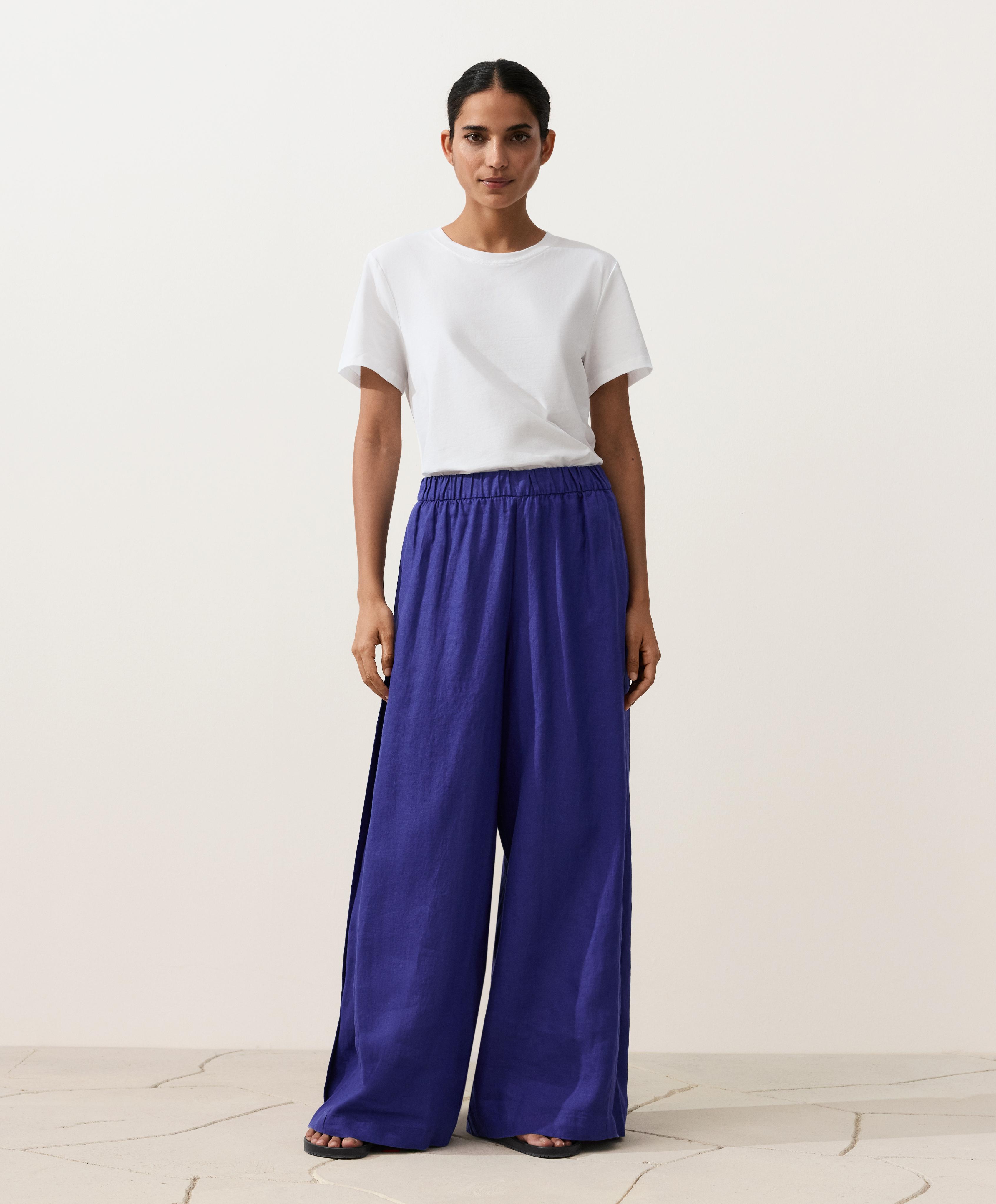 100% linen wide-leg trousers with side pleat — COBALT