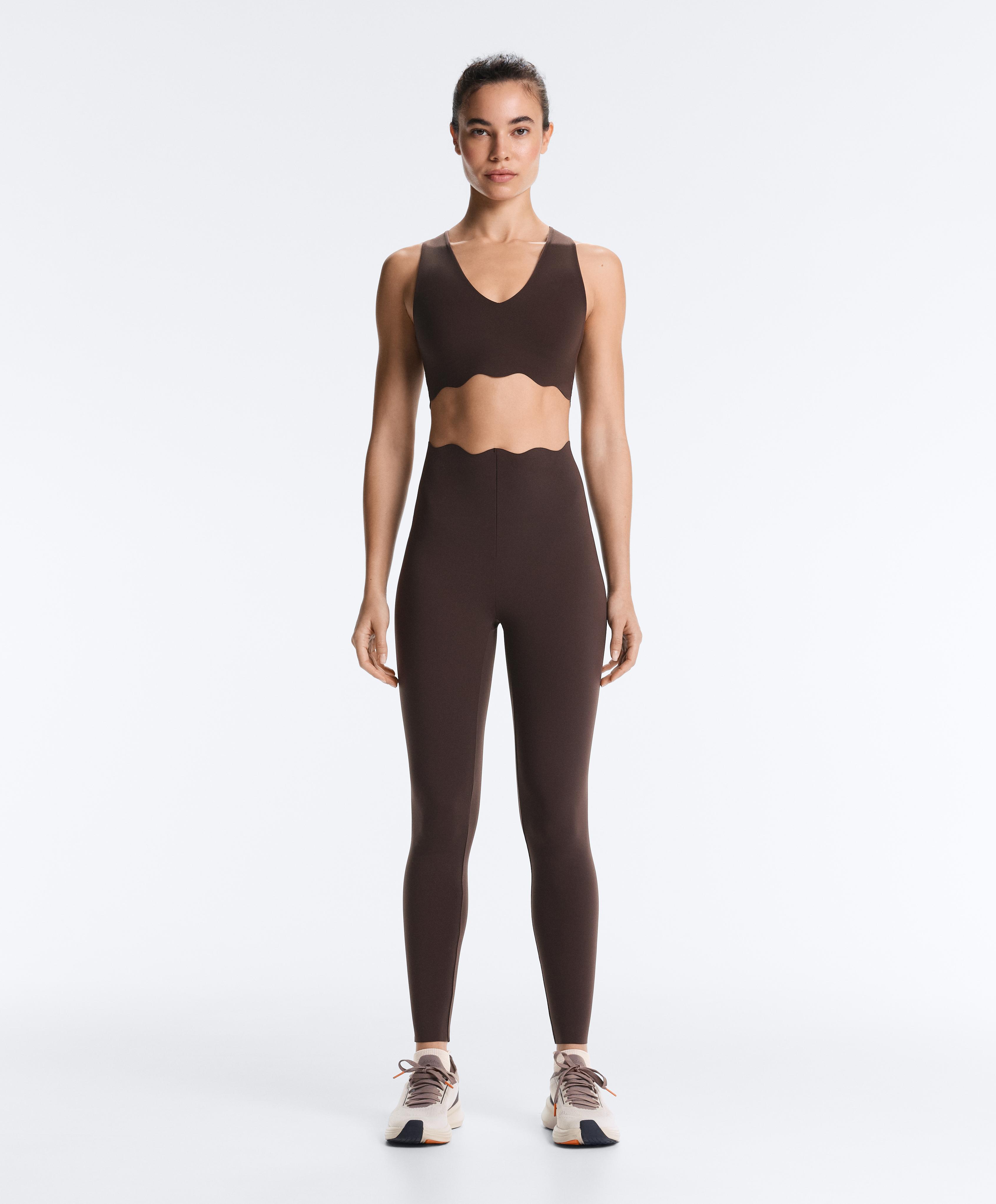 High-rise compressive core control ankle-length leggings with wave detail — DARK REDDISH‑BROWN