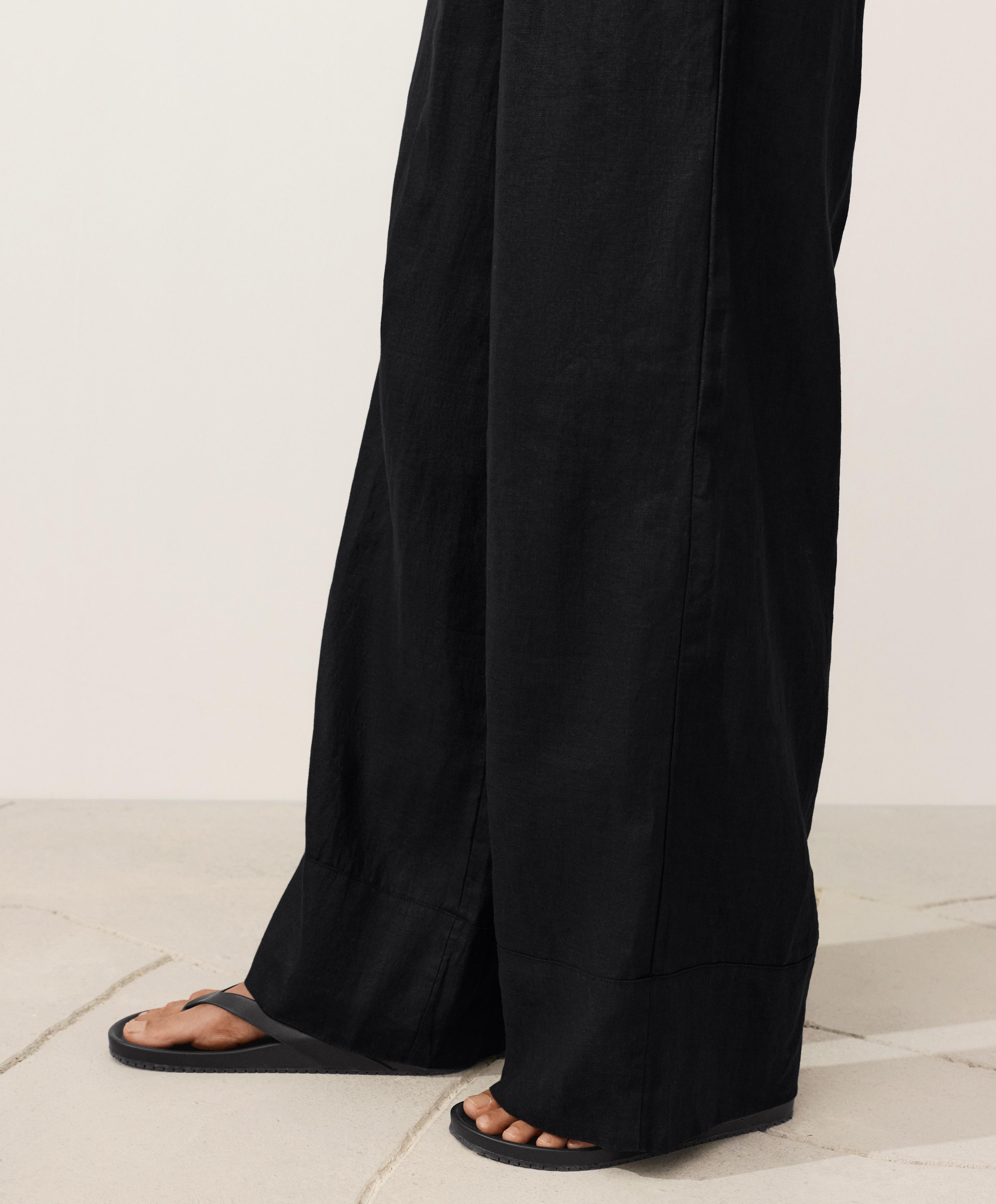 100% linen straight-leg trousers — BLACK
