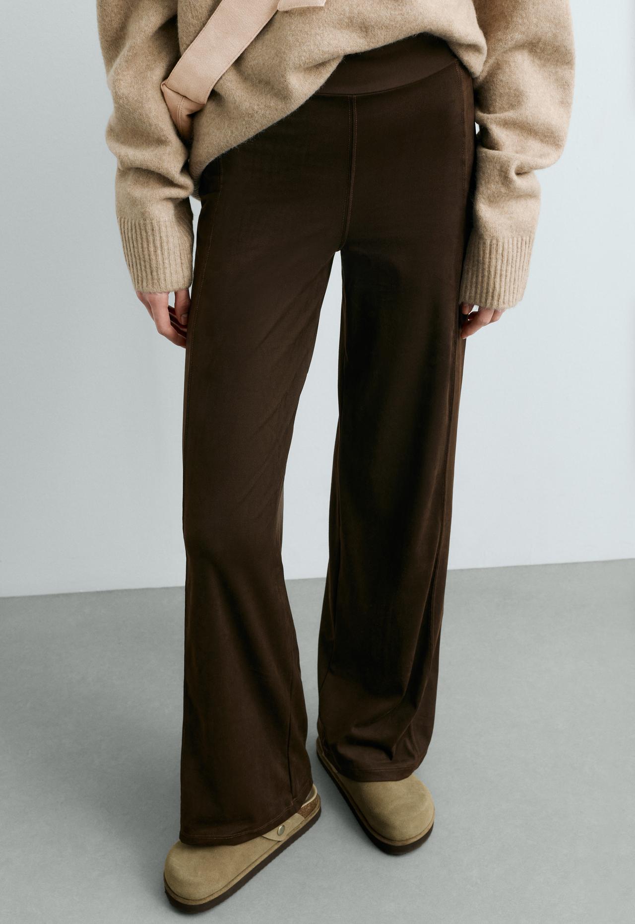 Suede-effect straight-leg trousers — Dark chocolate