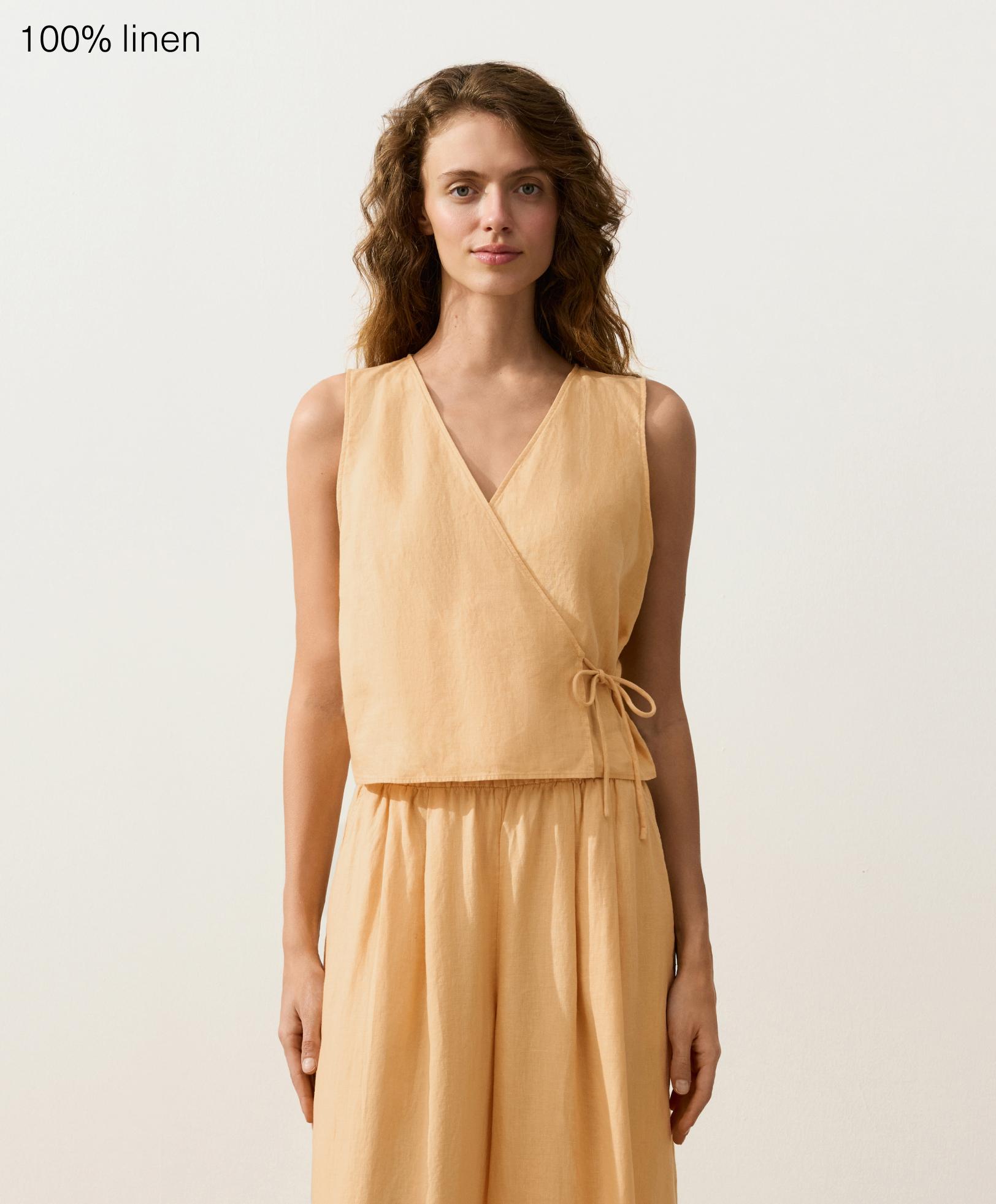 100% linen square neck crossover tie top — BURNT YELLOW