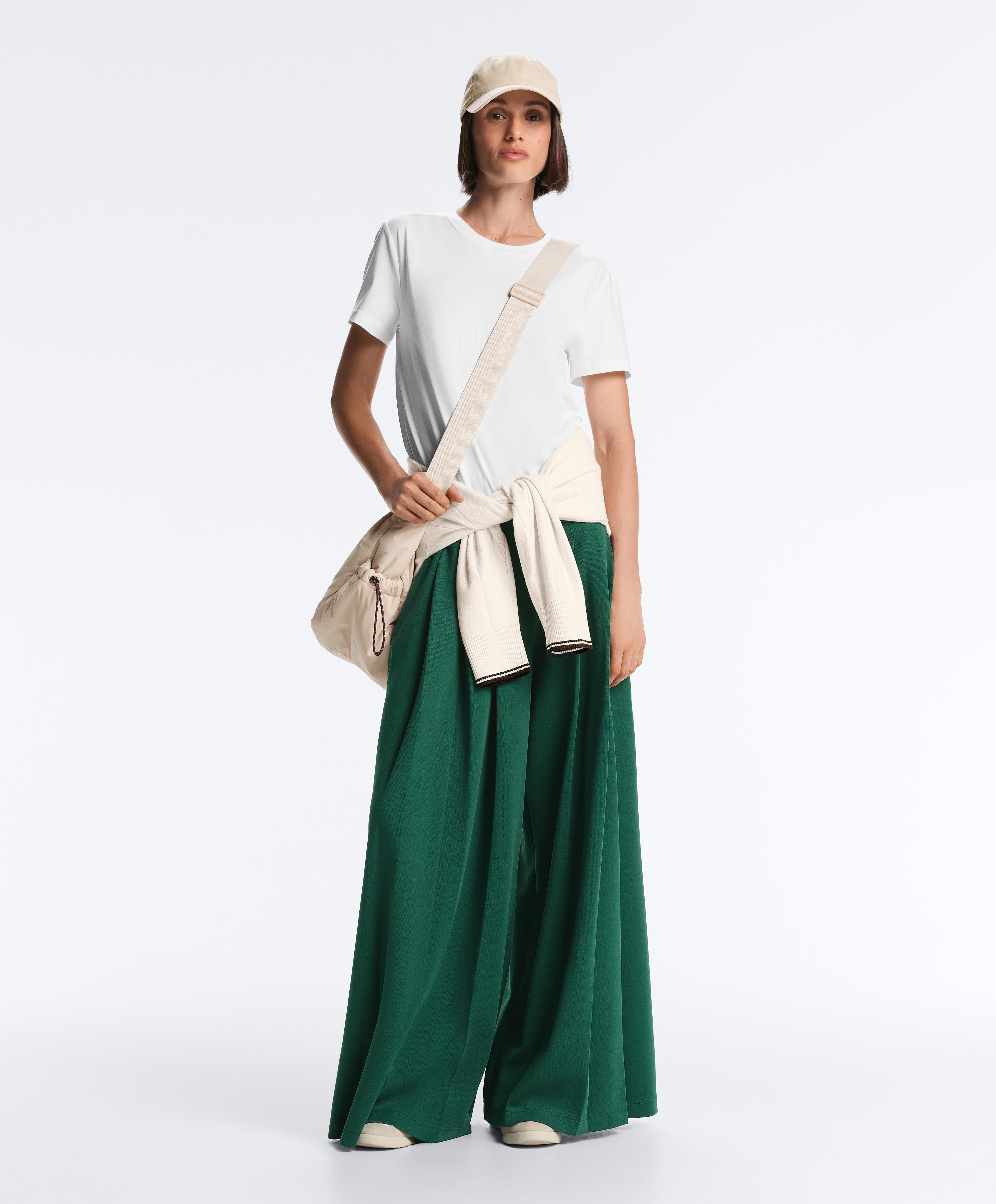 Cotton wide-leg pique trousers with pleats — DARK EMERALD