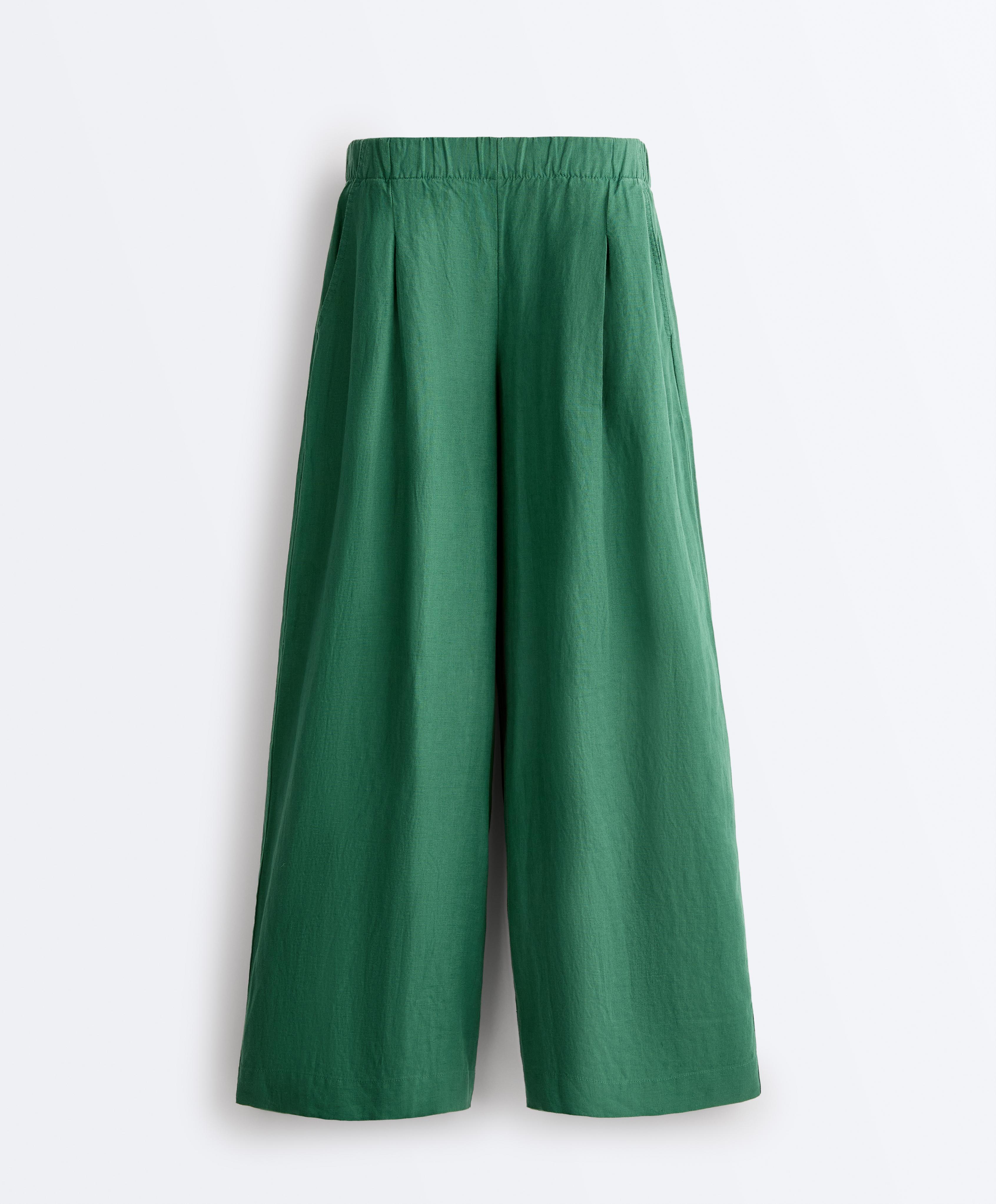 100% linen wide-leg trousers — EMERALD GREEN