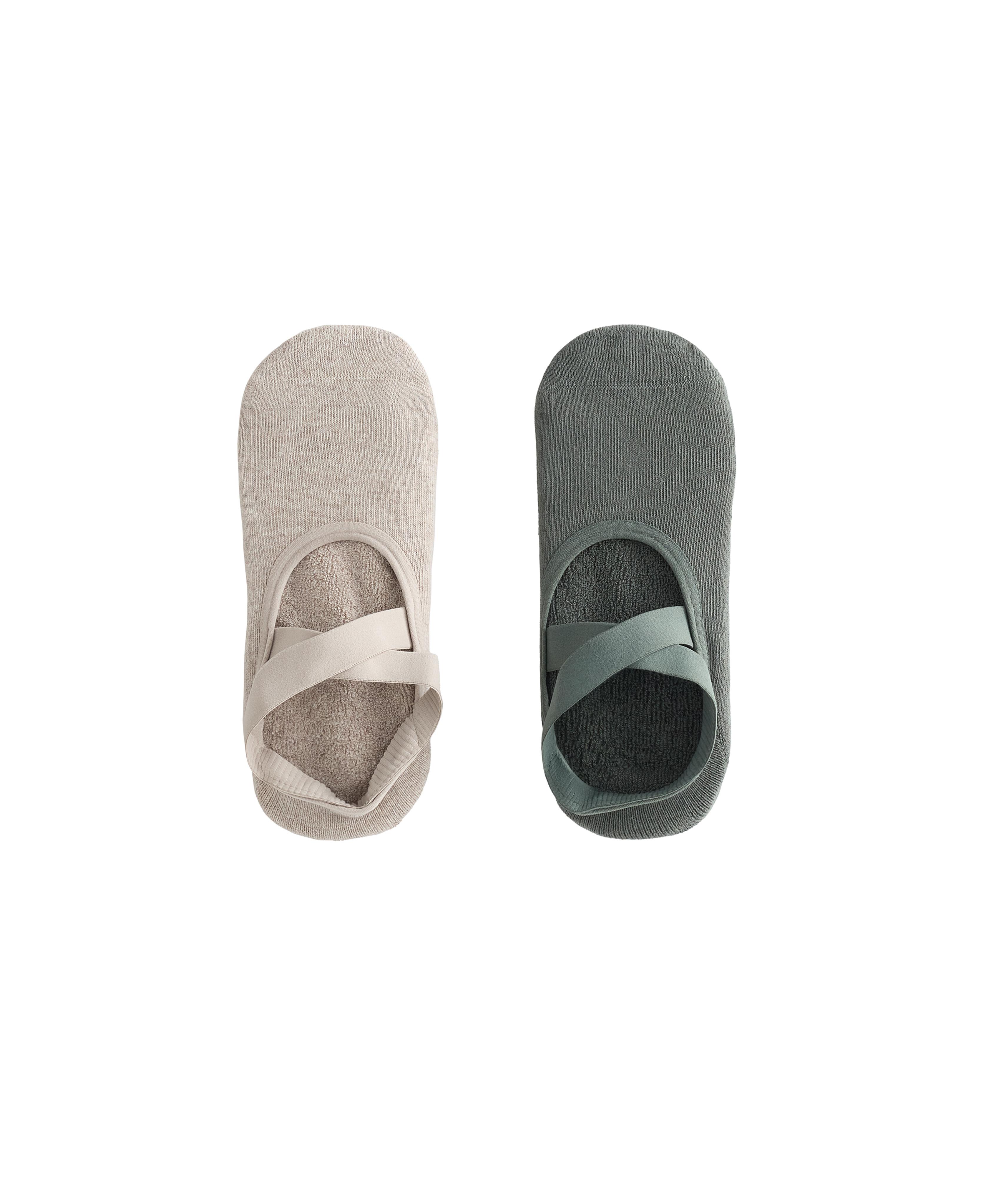 2 pairs of padded cotton blend yoga and Pilates socks with crossover straps — DARK GREEN