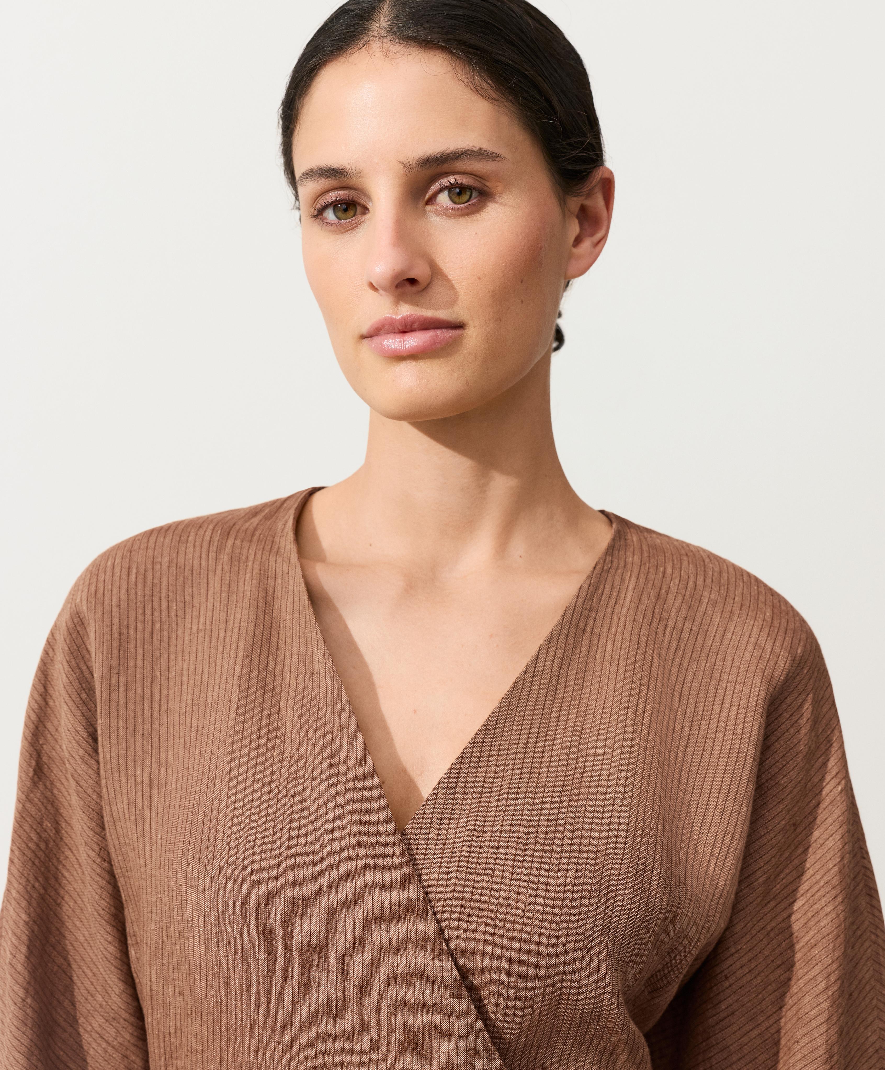 Striped 100% linen kimono shirt — TAN MELANGE