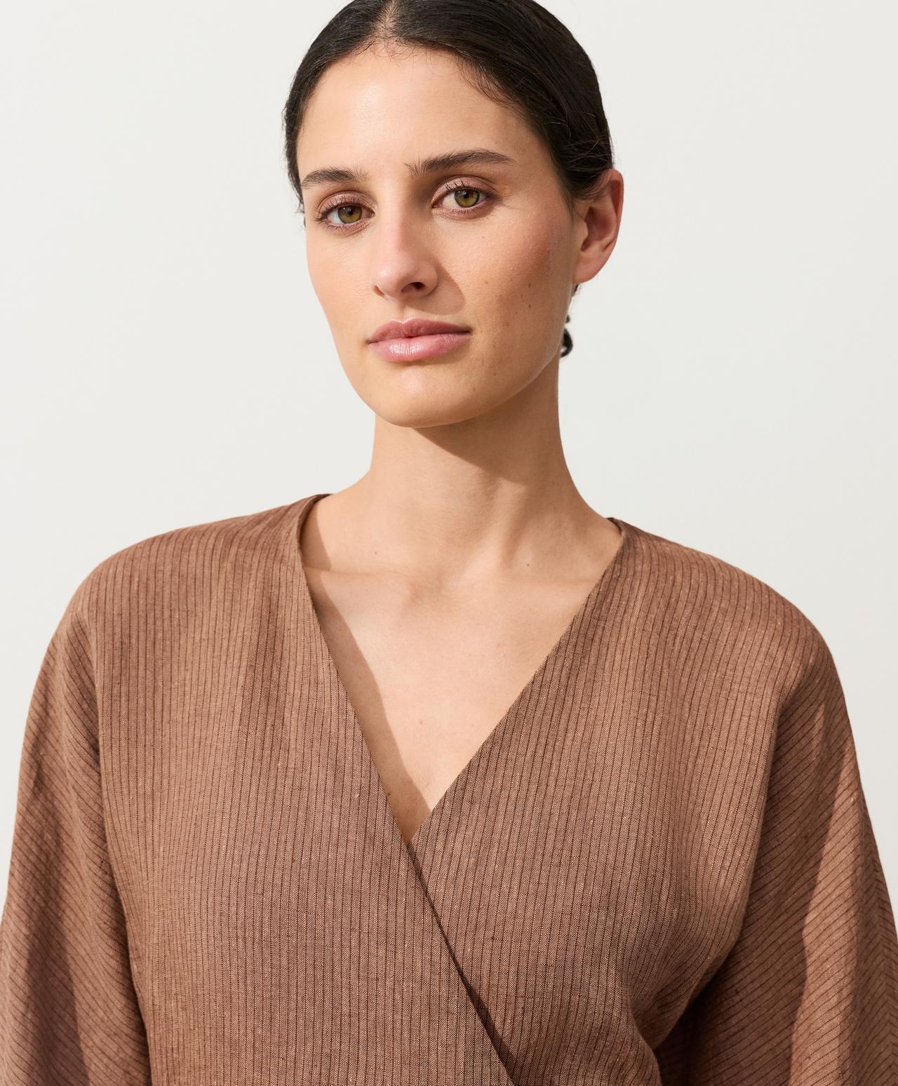 Striped 100% linen kimono shirt — TAN MELANGE