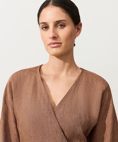 Striped 100% linen kimono shirt — TAN MELANGE 4