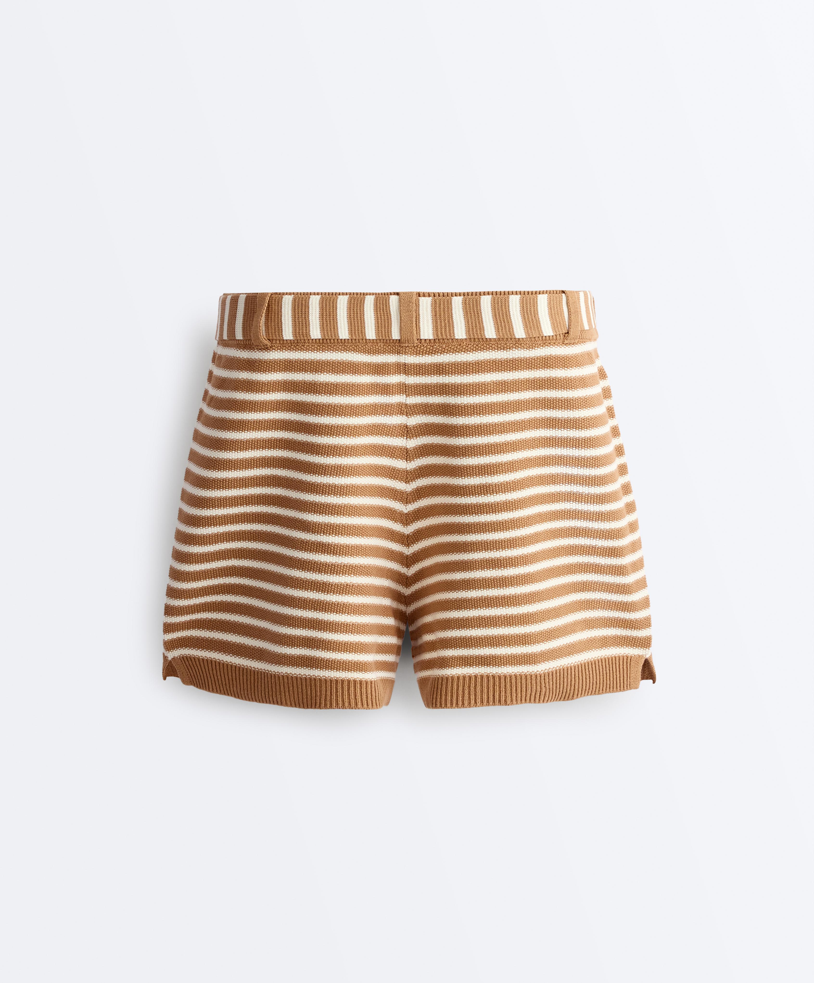 100% cotton striped knit shorts with belt — PALE ECRU