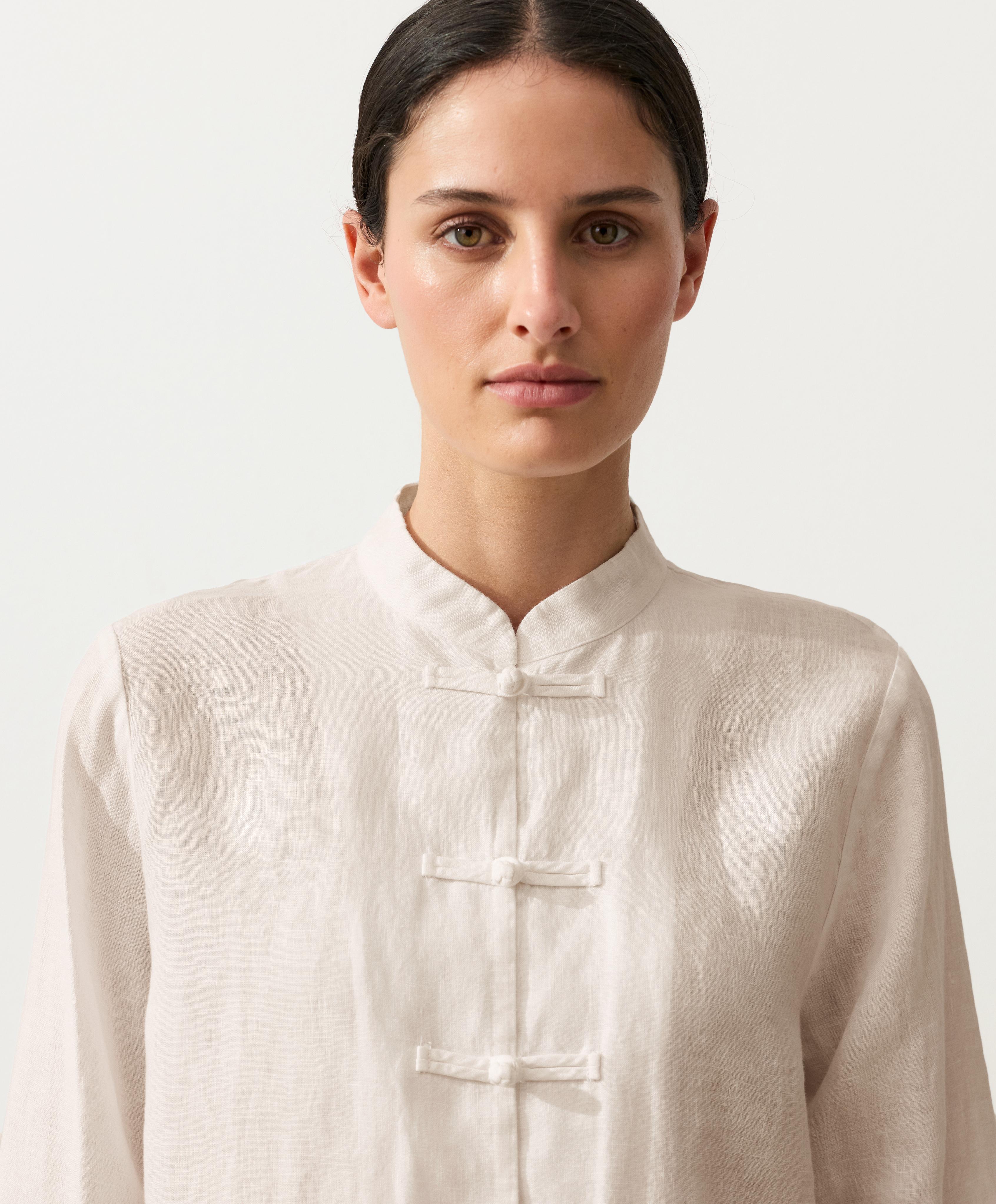 100% linen stand-up collar shirt — SAND MELANGE