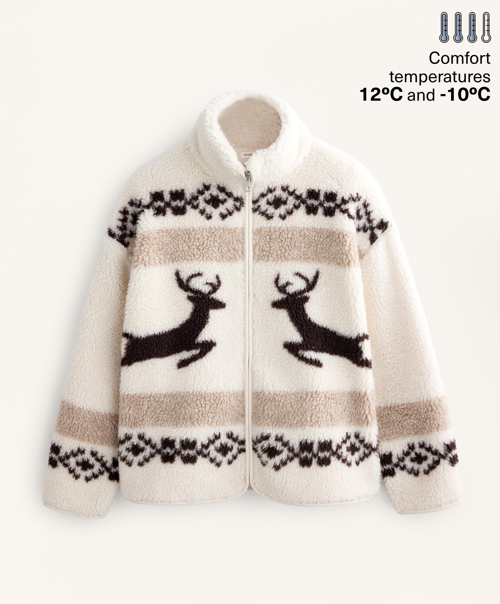 High-neck deer faux-shearling jacket. High-neck deer faux-shearling jacket.