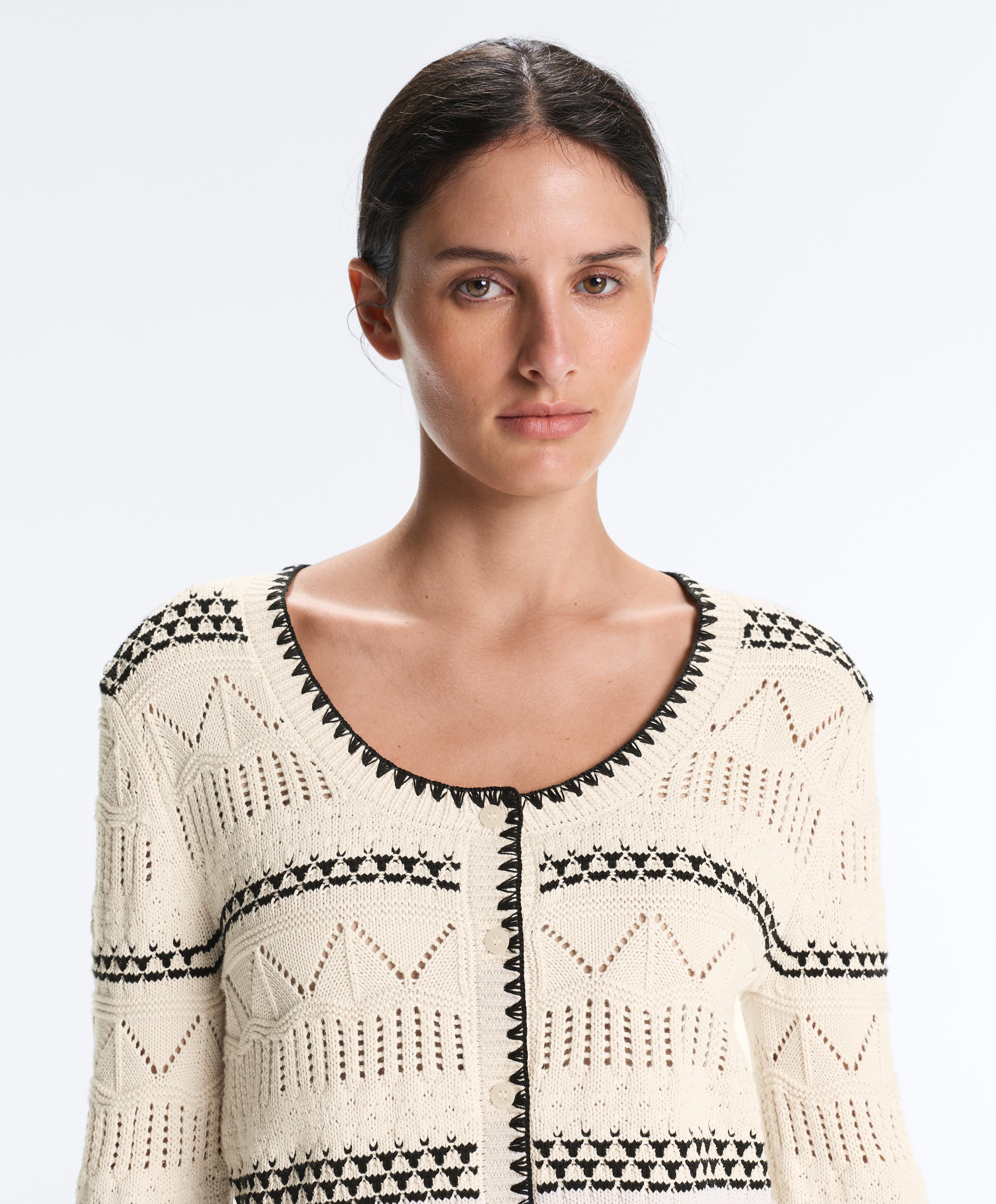 100% cotton contrast open-knit cardigan — PALE ECRU
