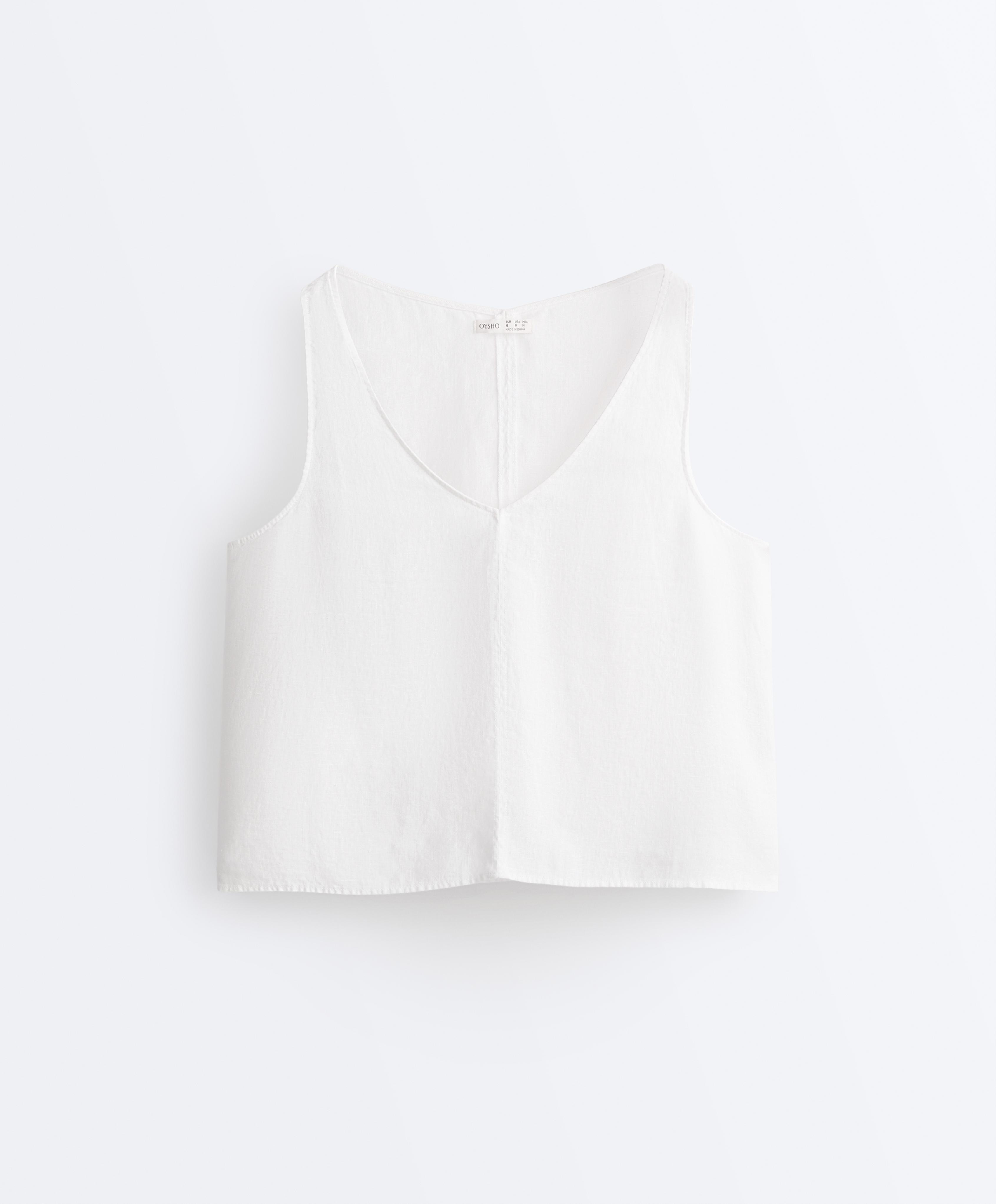 100% linen V-neck strap top — WHITE