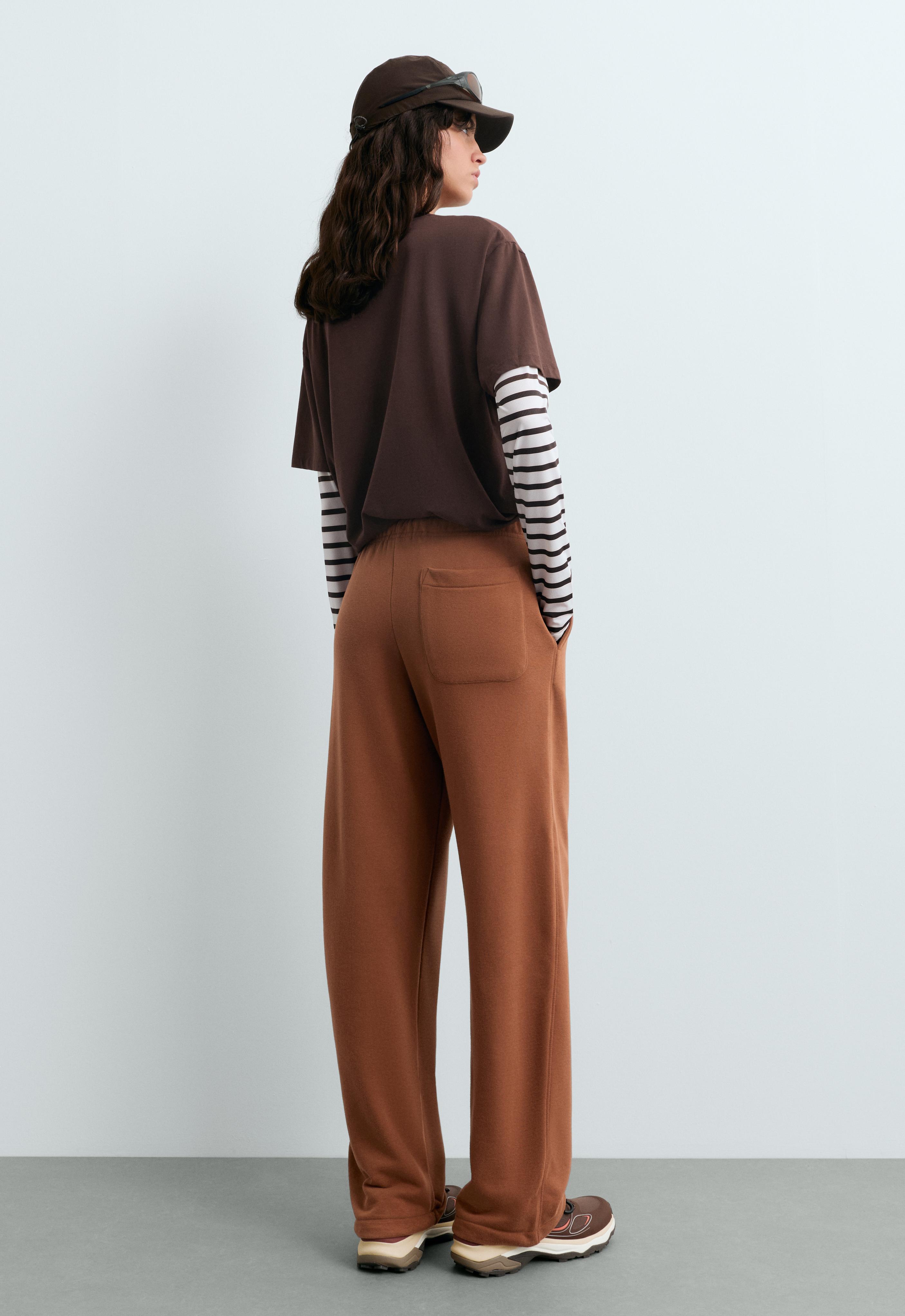 Cotton blend fleece straight-leg trousers — DARK CAMEL