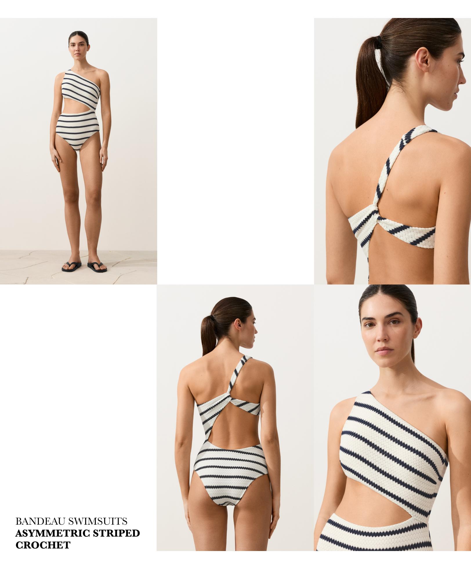 Asymmetric striped crochet trikini — PALE ECRU