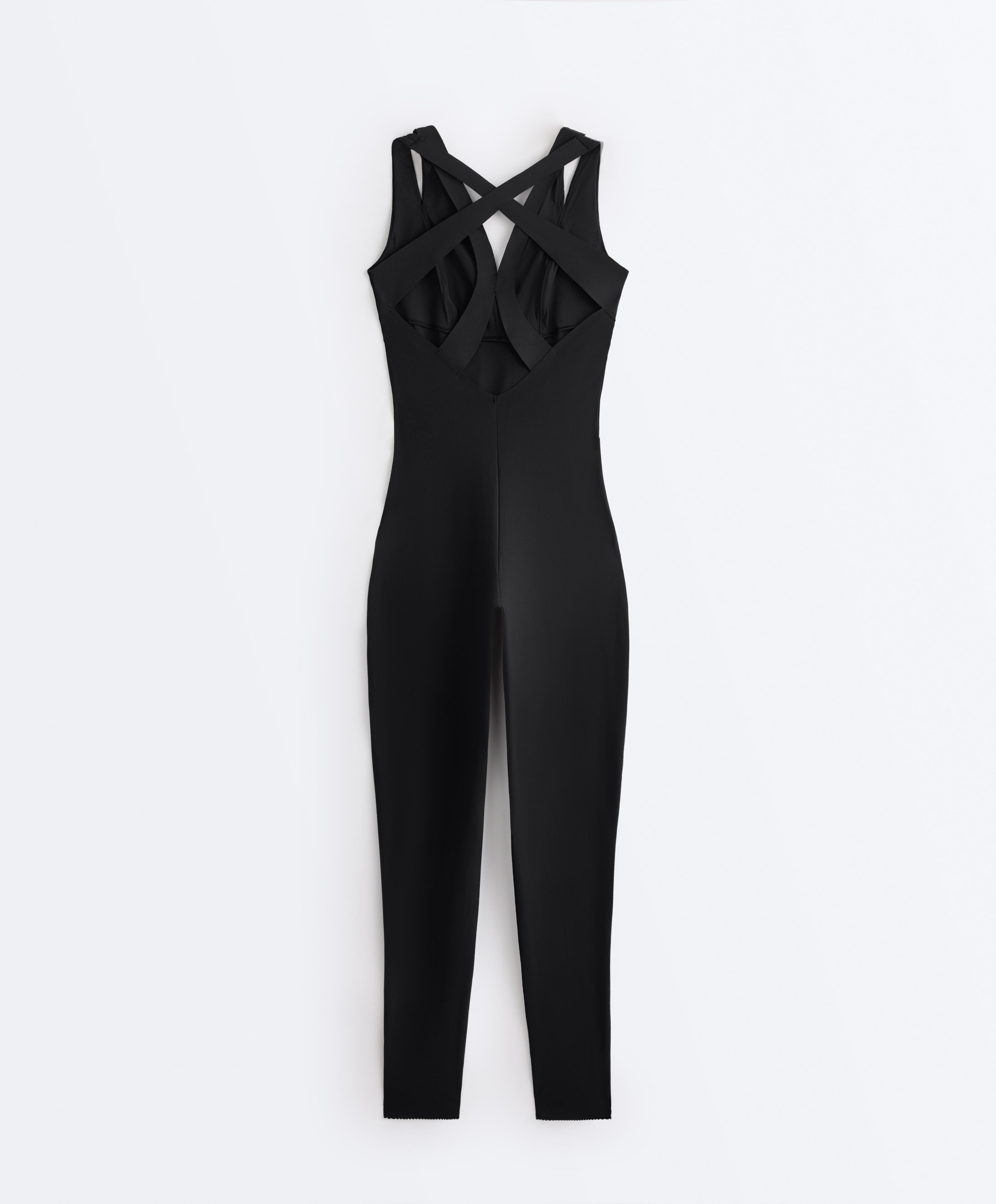 Compressive long jumpsuit with double strap — BLACK