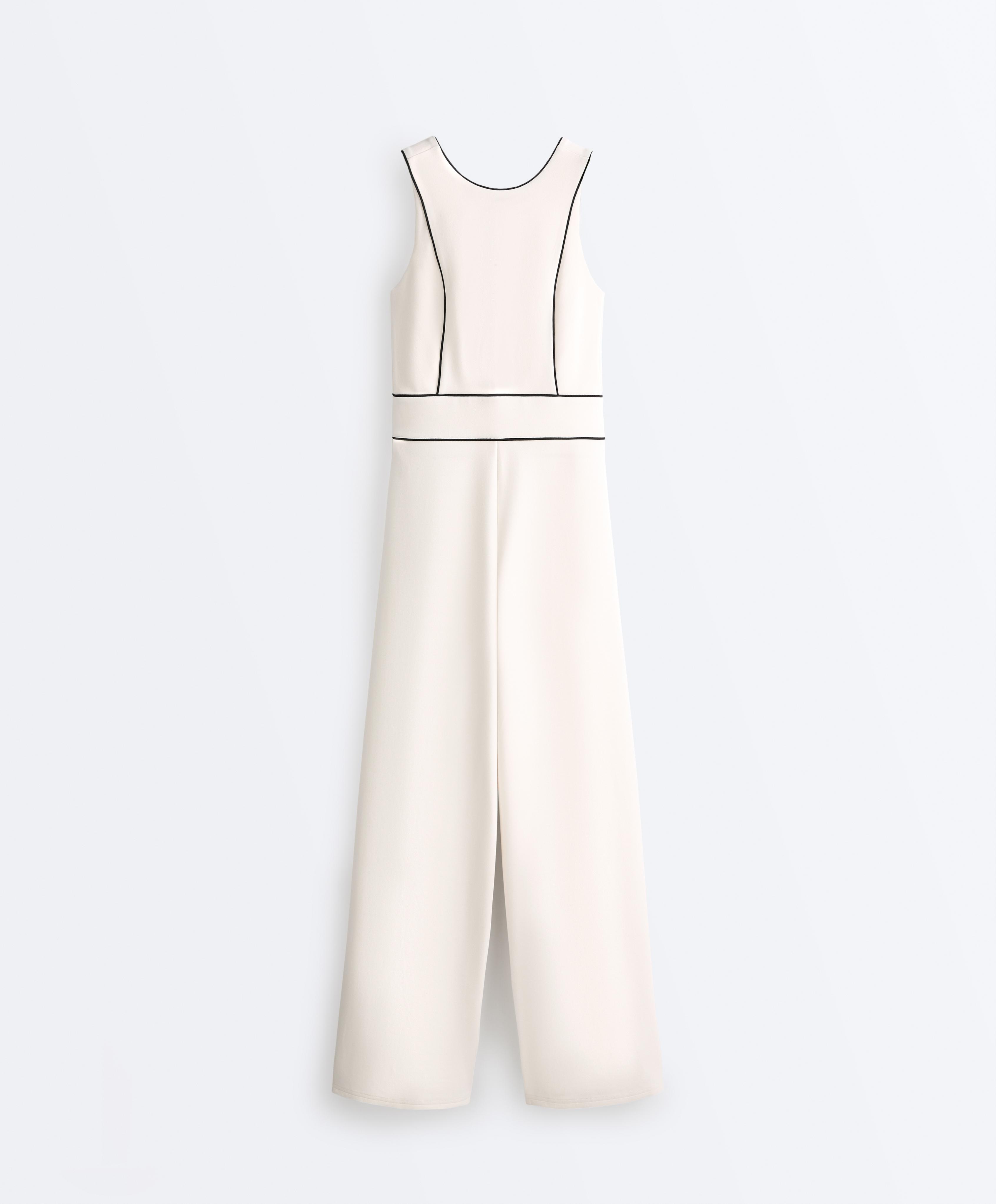Long piping piqué jumpsuit with cotton — PALE ECRU