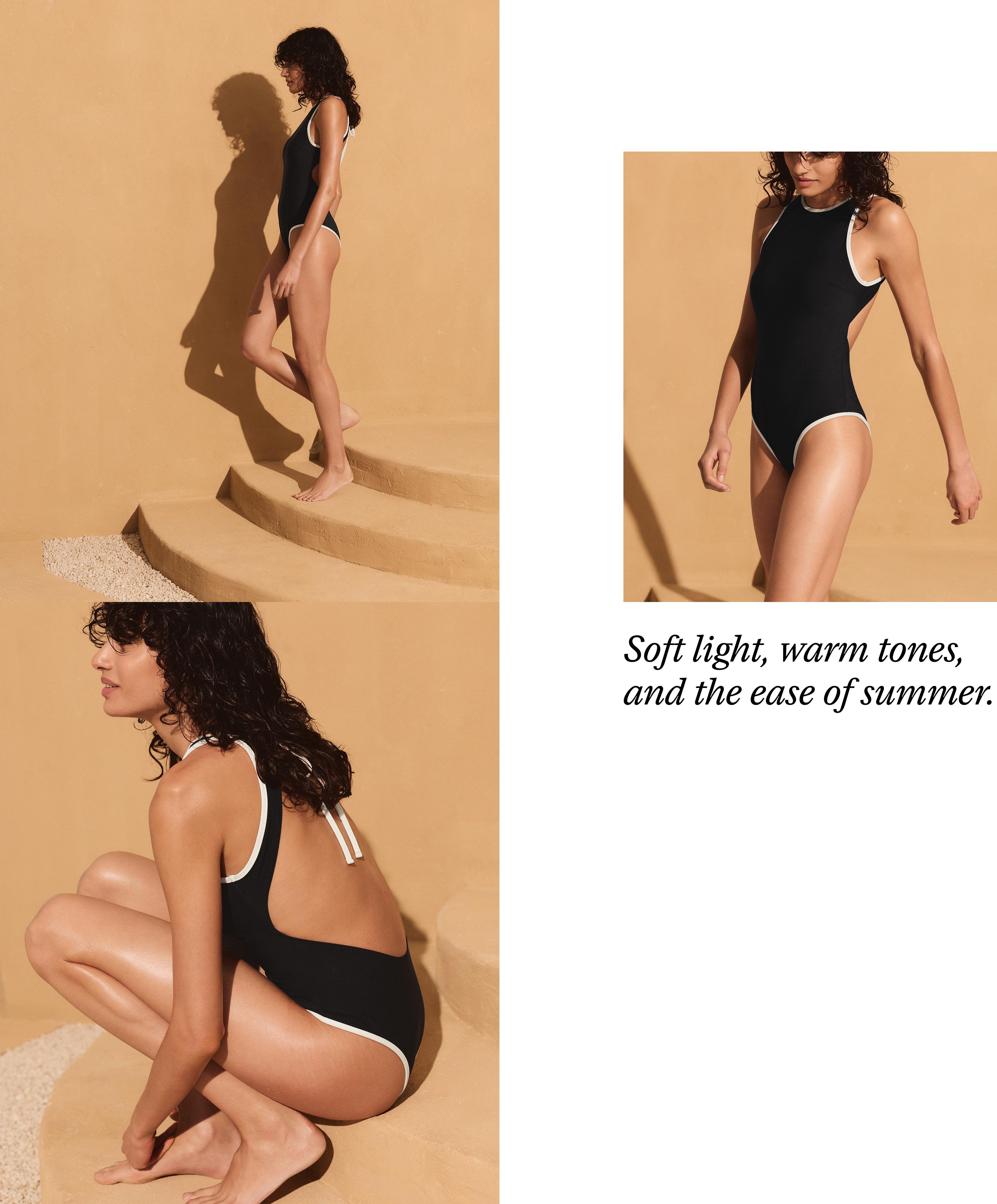 Contrast trim halterneck swimsuit — BLACK