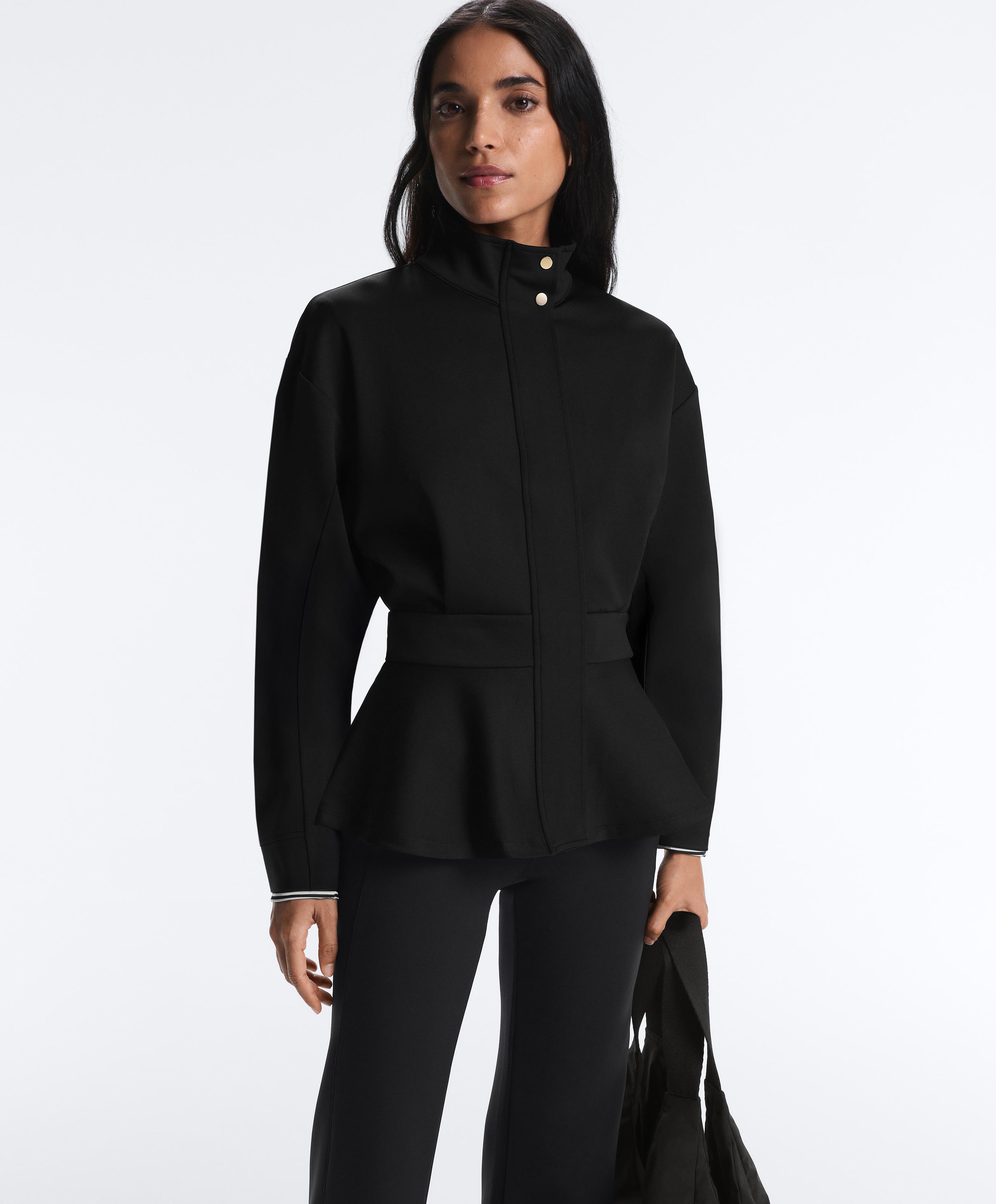Neoprene-effect peplum jacket — BLACK