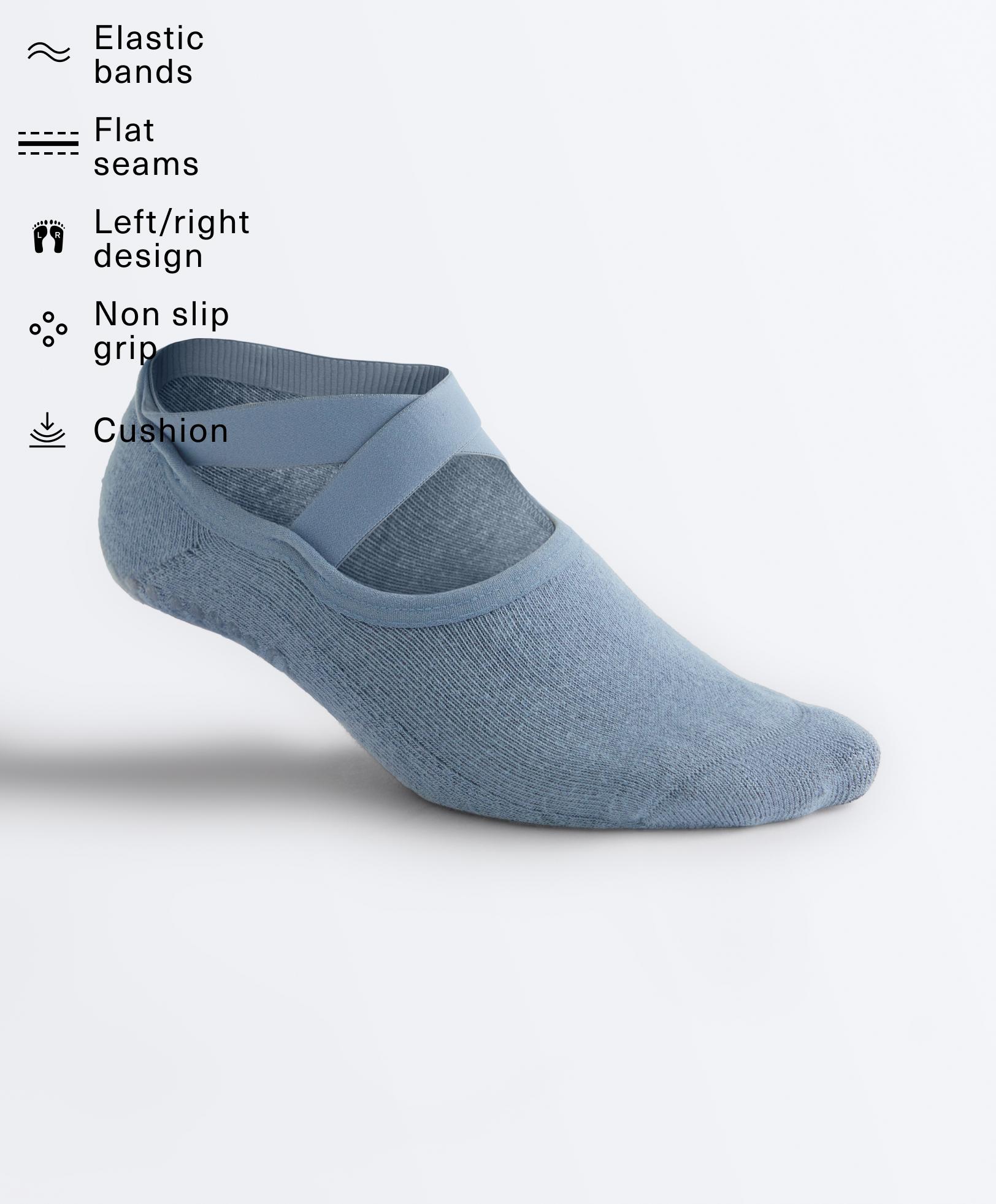 2 pairs of padded cotton blend yoga and Pilates socks with crossover straps — BLUE