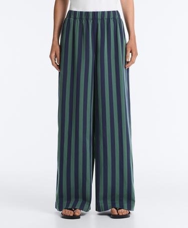 Wide-leg cotton blend striped trousers — GREEN 1