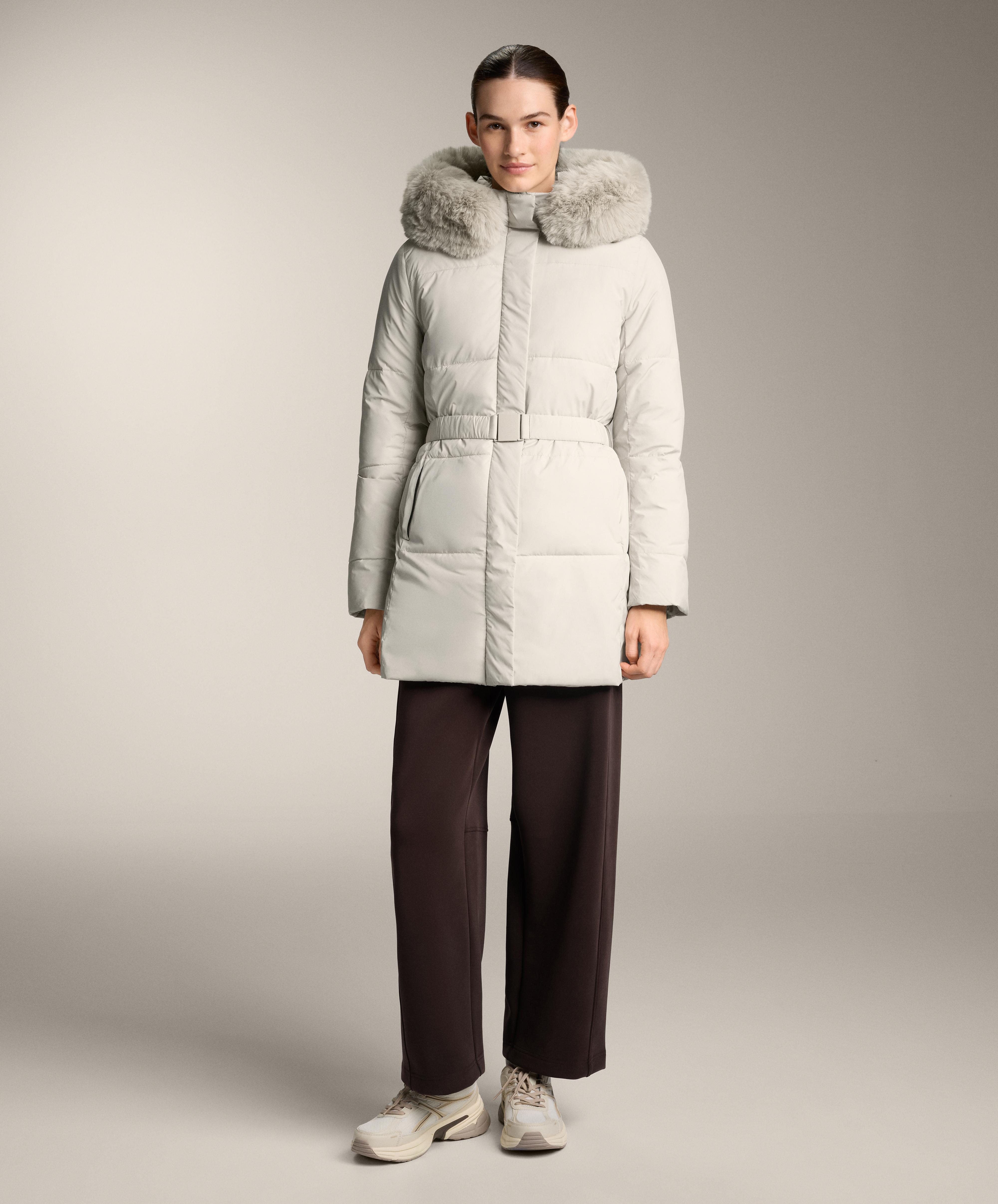 Water-repellent Primaloft® padded midi jacket — STONE               