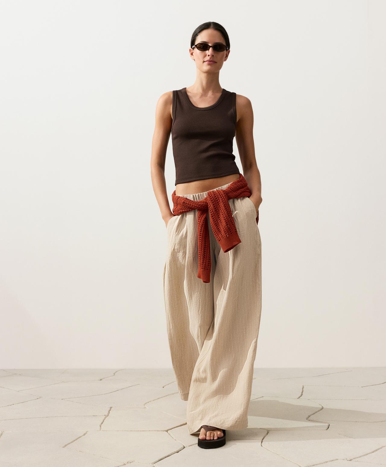100% linen wide-leg striped trousers — SANDY          