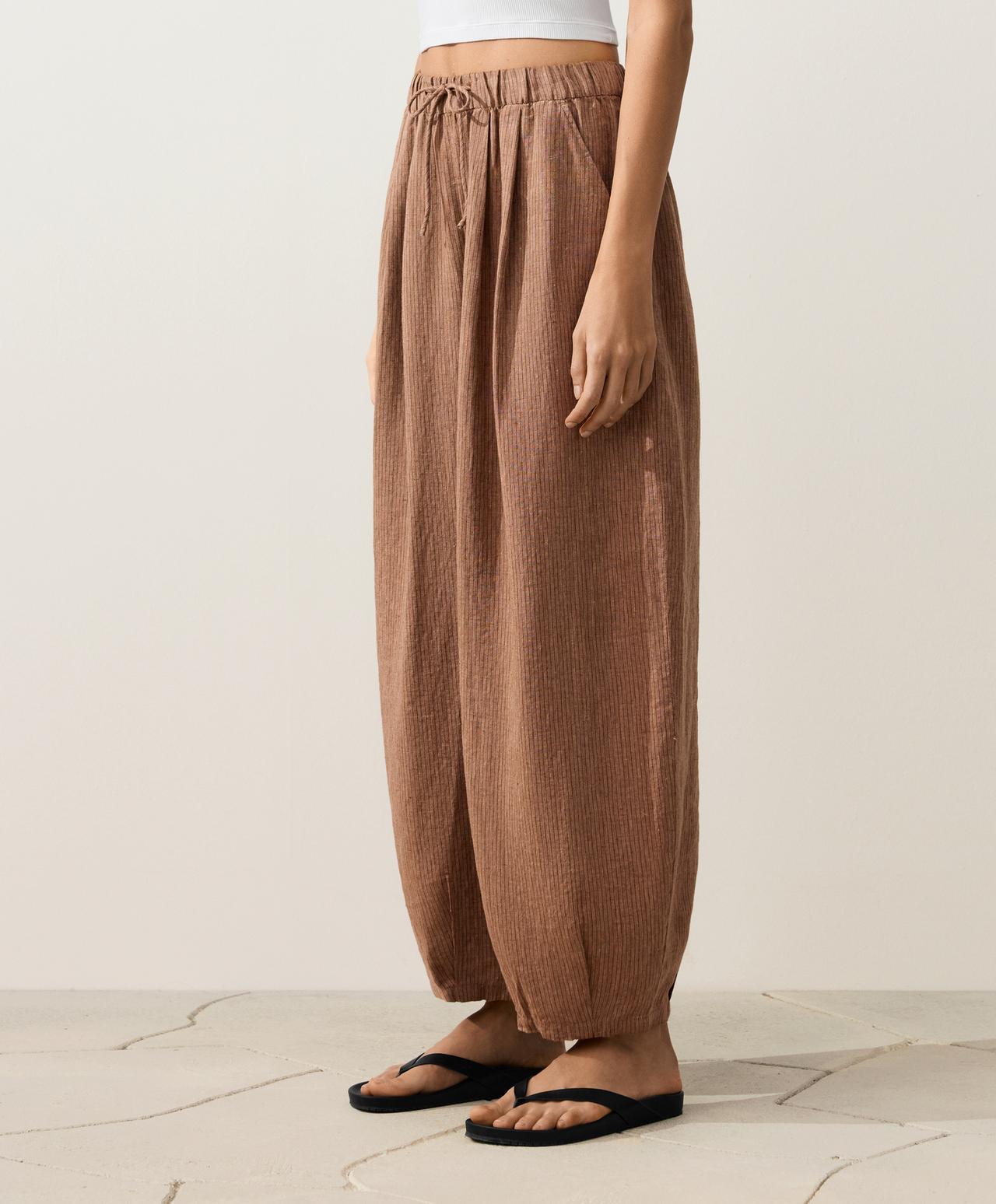 100% linen striped balloon trousers — TAN MELANGE