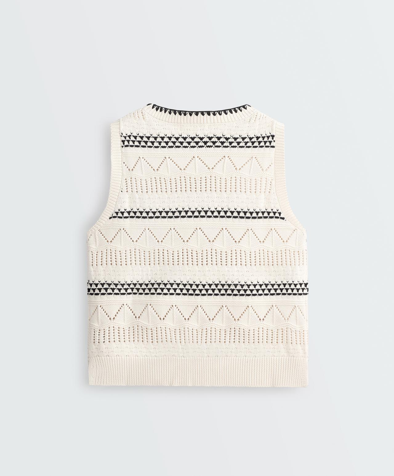 100% cotton open-knit contrast vest — PALE ECRU