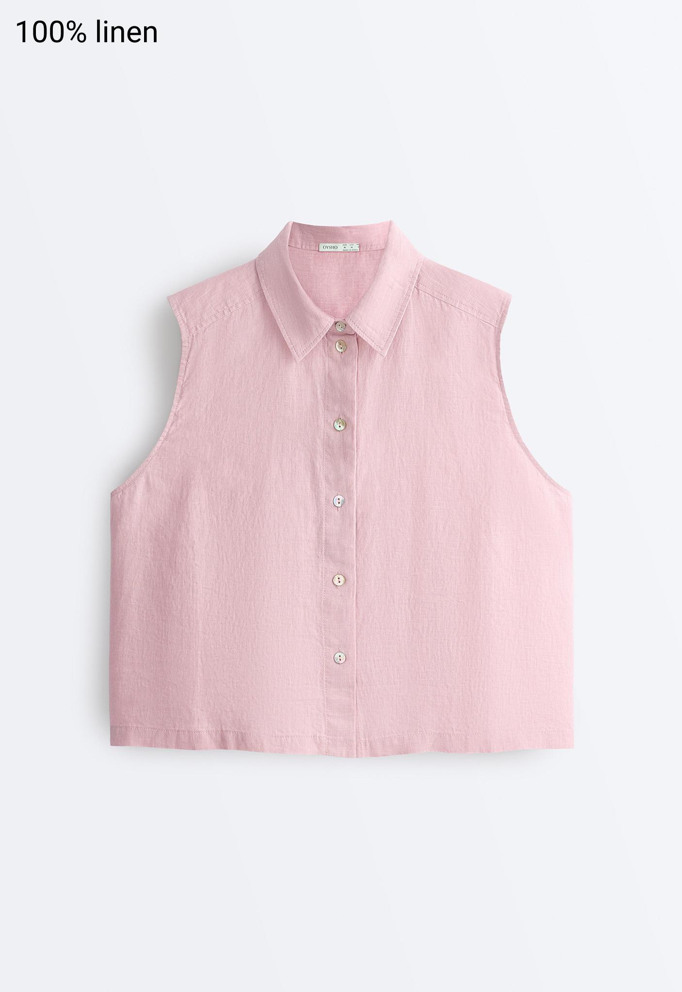 Sleeveless cropped 100% linen shirt — DUSTY PINK