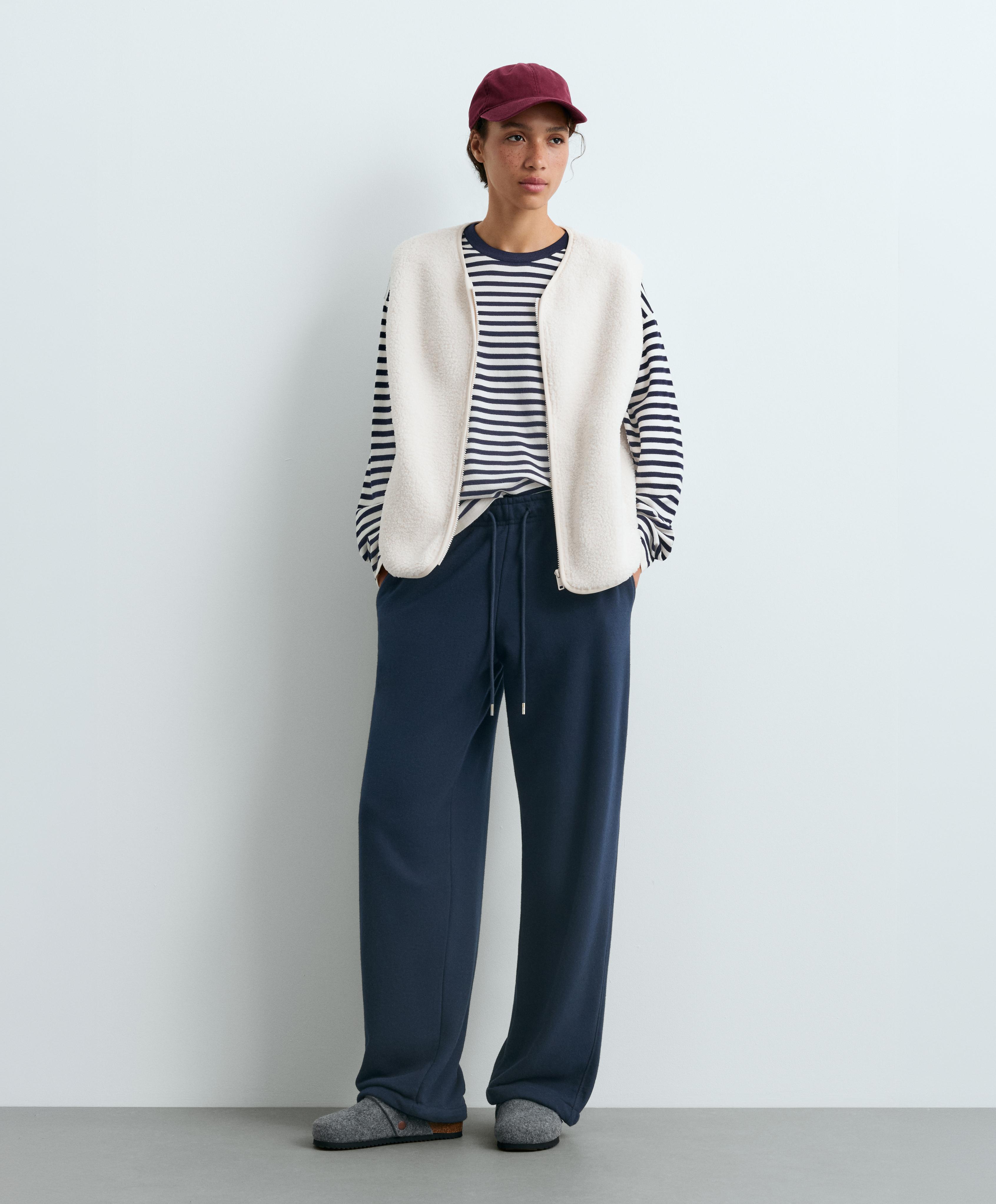 Cotton blend fleece straight-leg trousers — NAVY BLUE