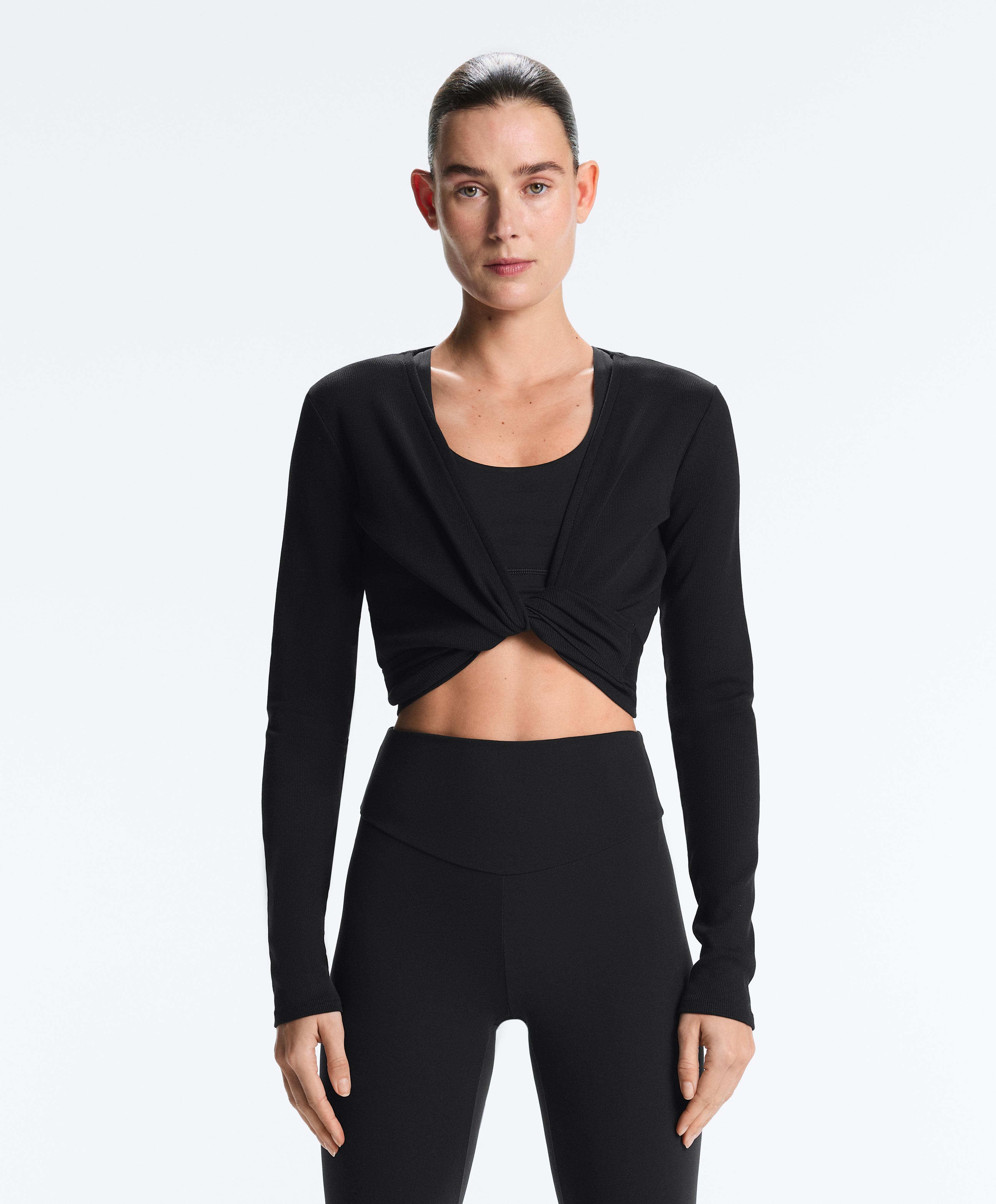 Wrap Over Rib Cotton Blend T-Shirt — BLACK
