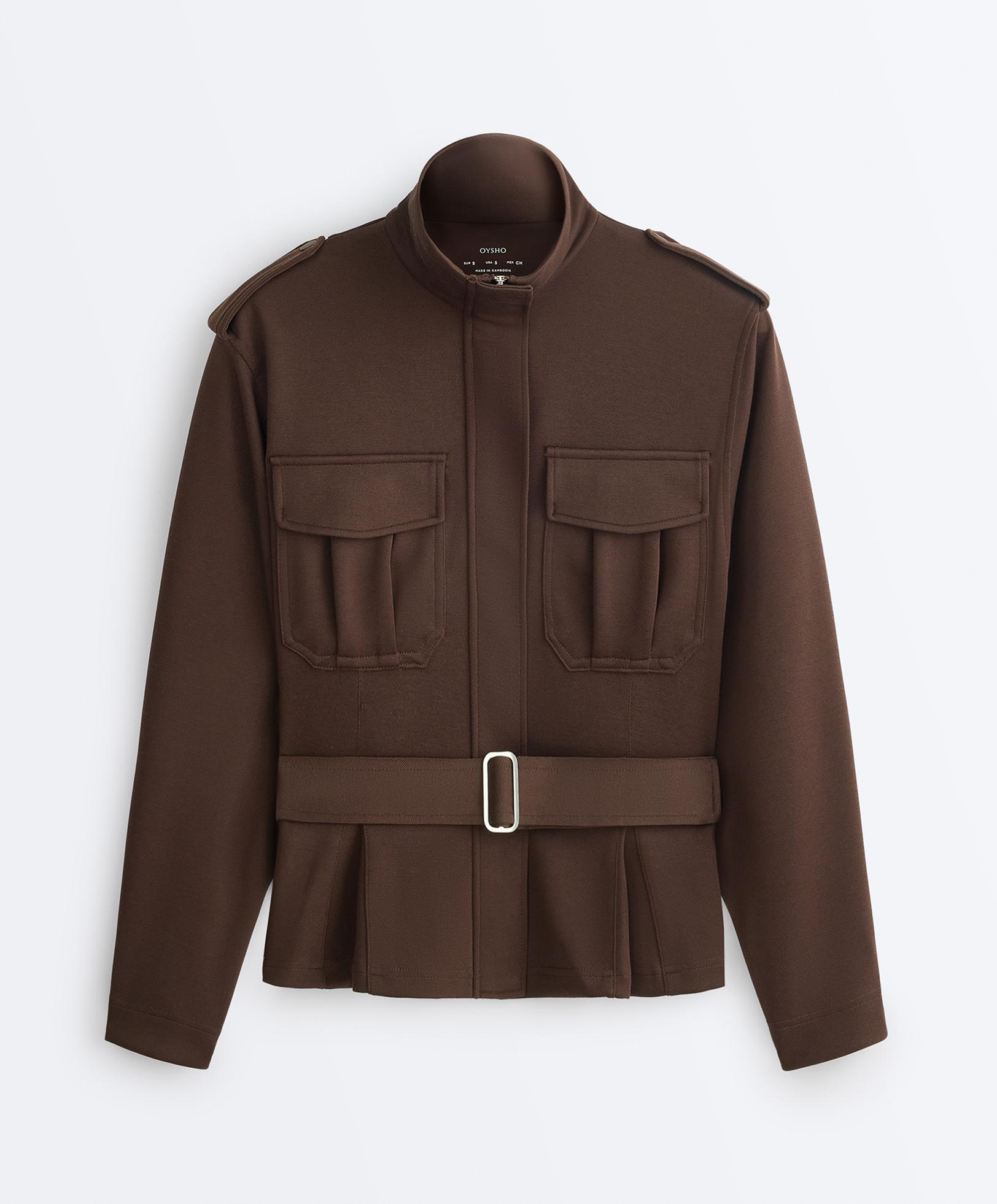 Cropped piqué utility jacket with belt — DARK BROWN